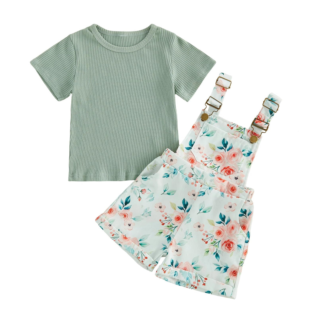 Toddler Baby Girls Summer Outfits T-Shirt Overalls Shorts Set | Short Sleeve Ribbed Shirt, Flower/Apple/Strawberry/Camo/Star/Bee Suspender Overalls, Kid 2Pcs Clothing, Spring Clothes 12M-5Y WEBE CLOTHING