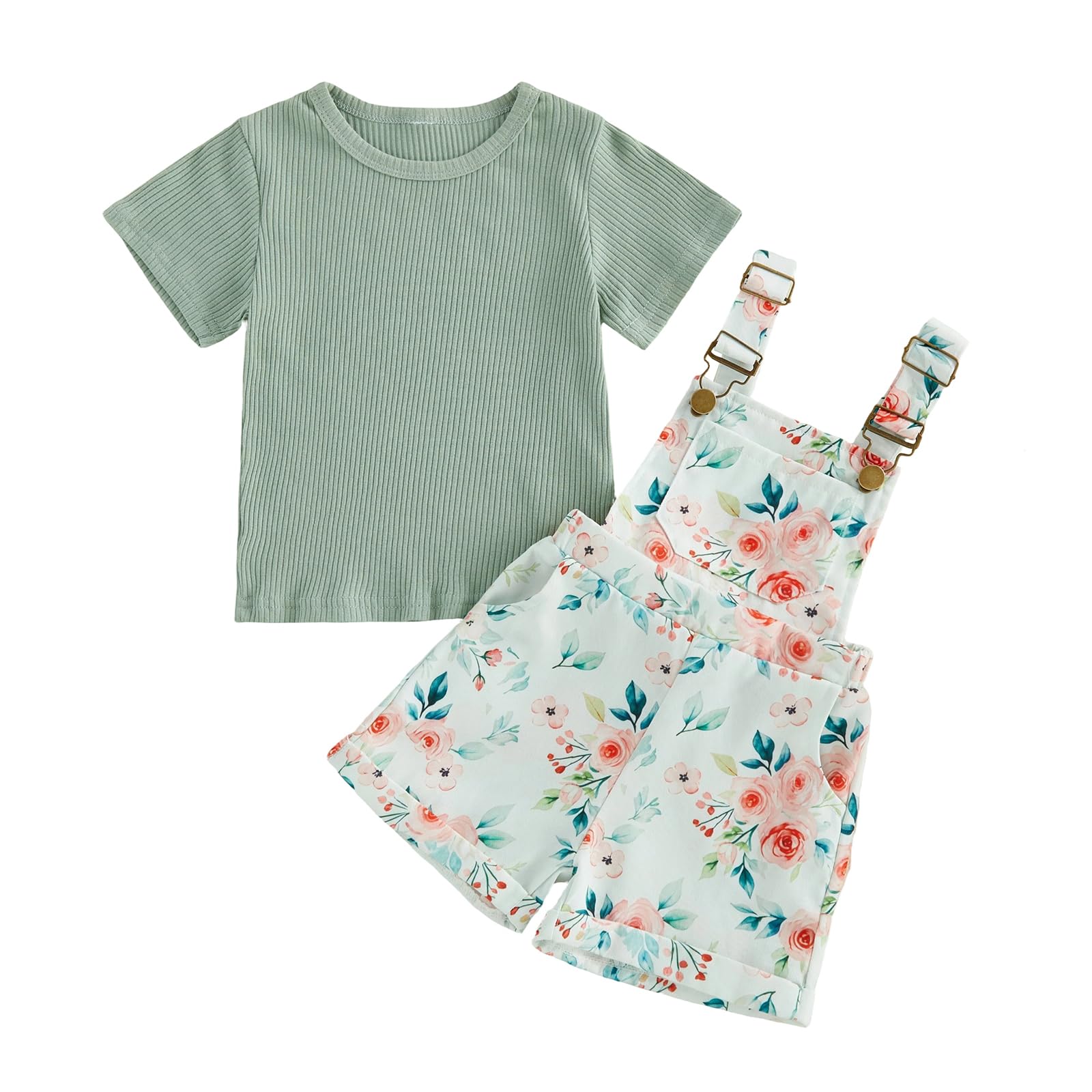 Toddler Baby Girls Summer Outfits T-Shirt Overalls Shorts Set | Short Sleeve Ribbed Shirt, Flower/Apple/Strawberry/Camo/Star/Bee Suspender Overalls, Kid 2Pcs Clothing, Spring Clothes 12M-5Y WEBE CLOTHING