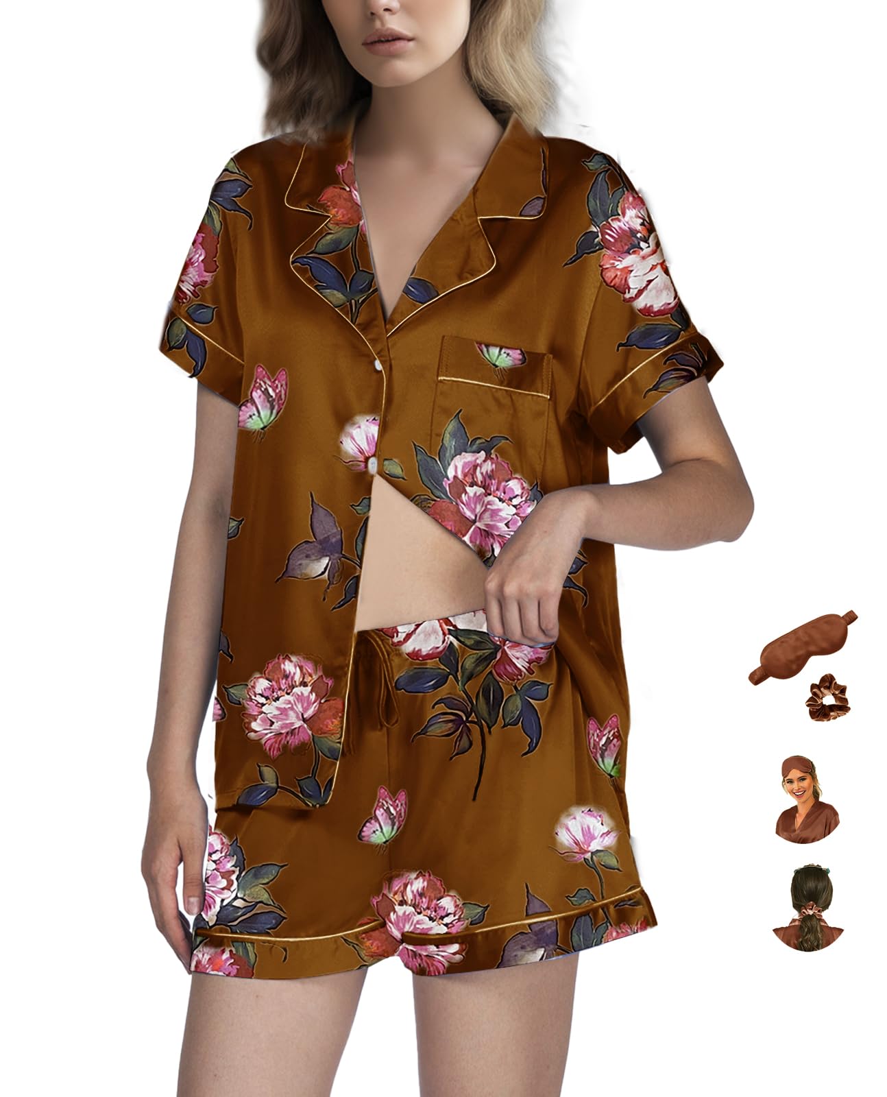 WJing Yi Jia Womens Pajama Sets XS-4XL Silk Satin Pajamas Set Floral 2Pcs Pj Sets Button Down Pjs Set Sleepwear Loungewear