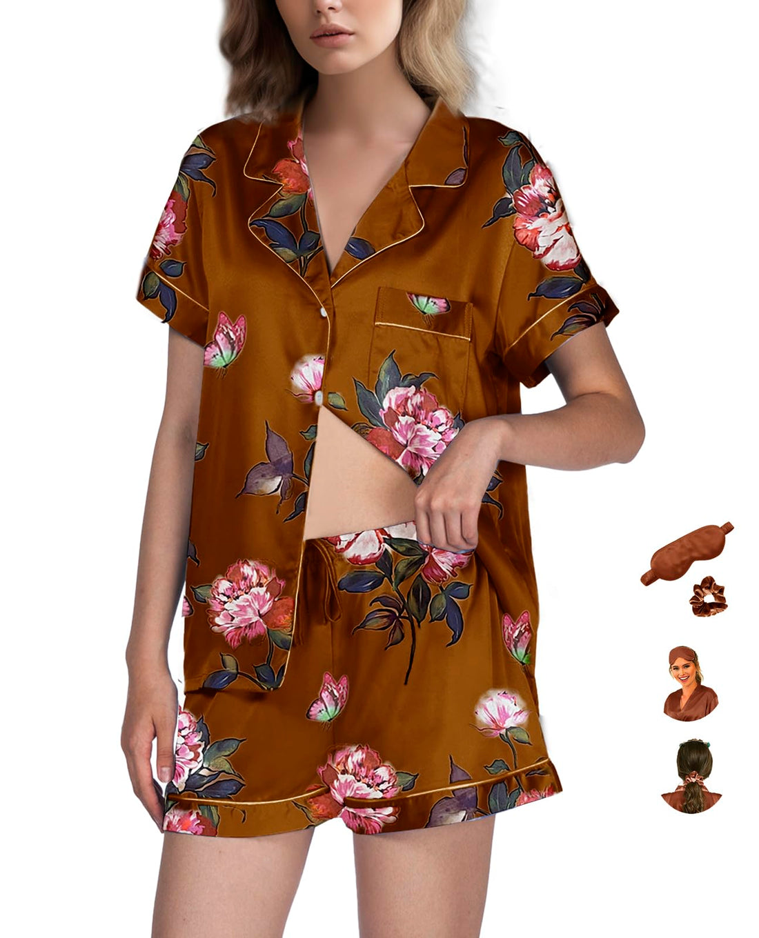 WJing Yi Jia Womens Pajama Sets XS-4XL Silk Satin Pajamas Set Floral 2Pcs Pj Sets Button Down Pjs Set Sleepwear Loungewear