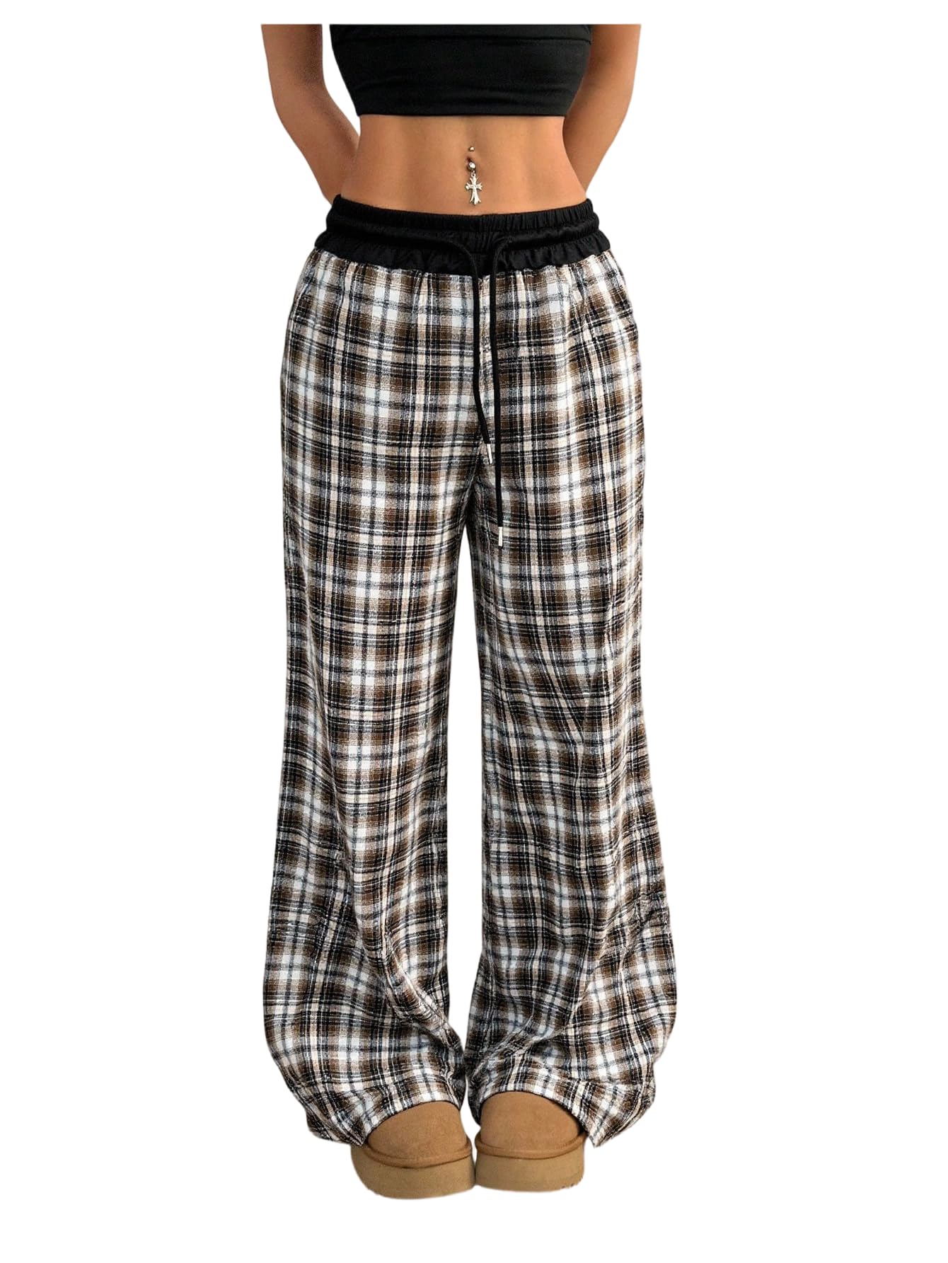 SOLY HUX Women's Plaid Checkered Pants Flannel Pajama Pants Lounge Wide Leg Baggy Sweatpants with Pockets