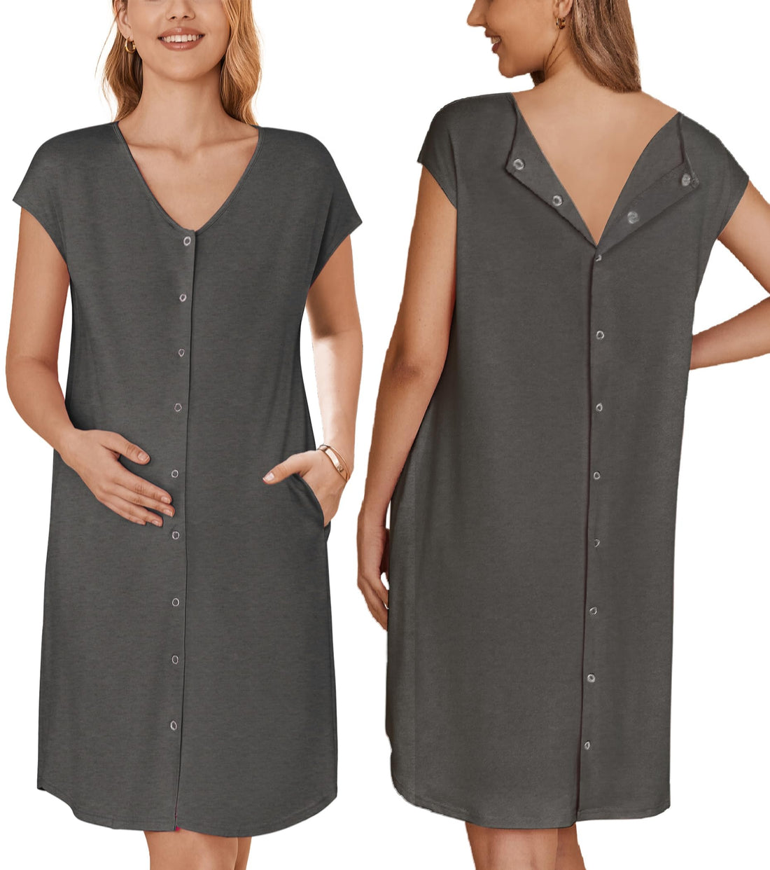 Ekouaer Labor and Delivery Gown for Hospital Birthing Gown Nursing Dress | Open Back Birthing Gown, Maternity Nursing Pajamas Dress Breastfeeding, Button C Section Postpartum Clothes