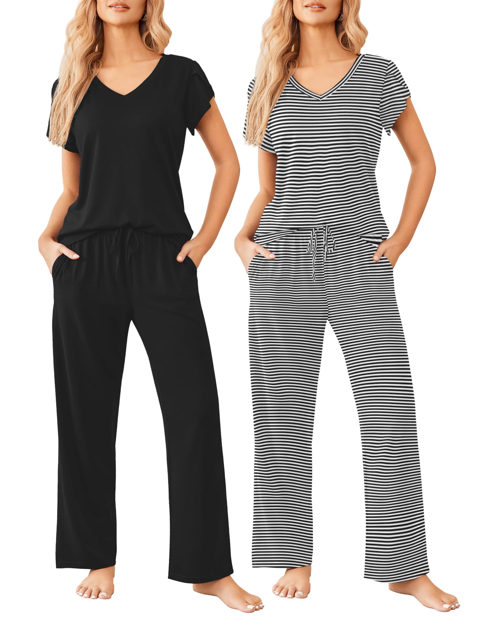 Ekouaer 2 Pack Womens Pajamas Short Sleeve Sleepwear Top with Pants Super-Soft Printed Lounge Sets S-XXL