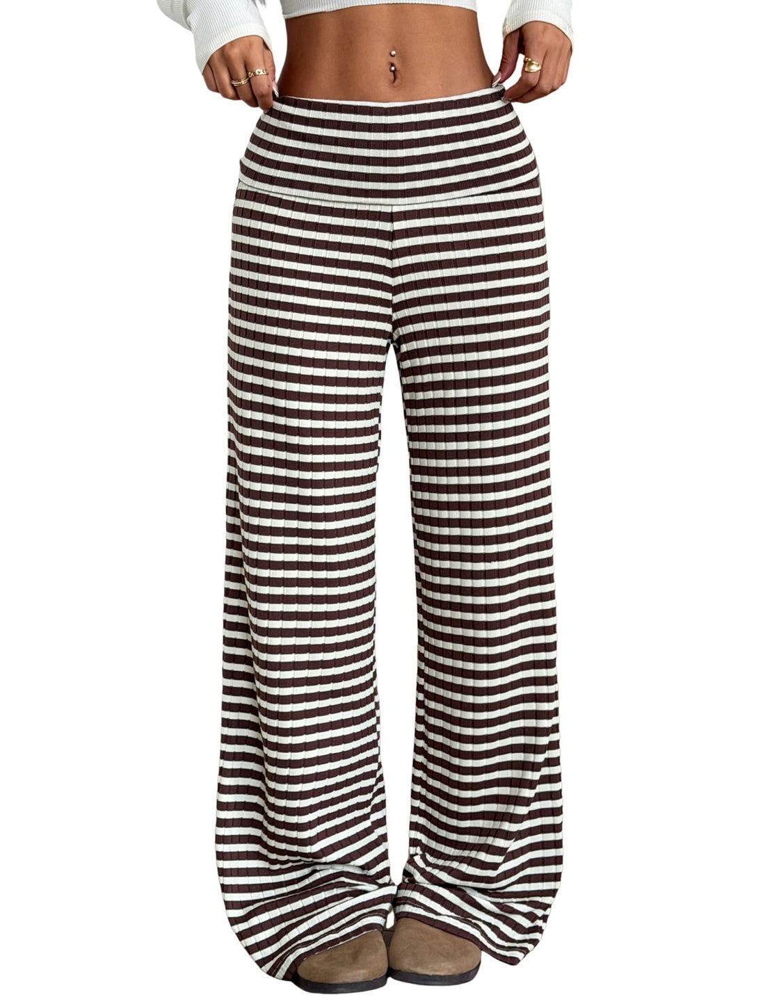 ZAFUL Women's Striped Pants Casual Fold Waist Wide Leg Pants Lightweight Comfy Stretchy Loose Lounge Pajama Pants