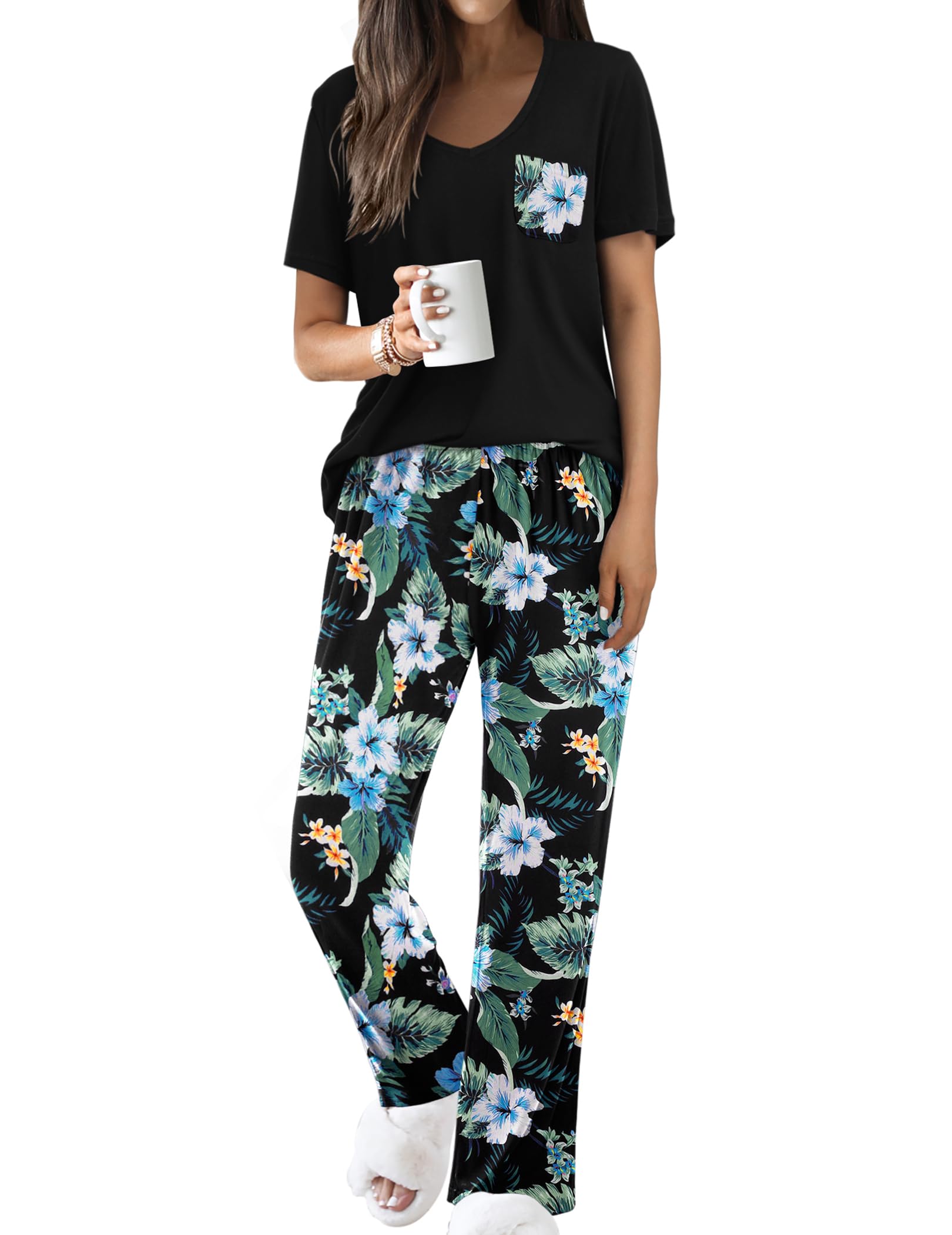 Ekouaer Pajama Sets for Women Short Sleeve Pj Set V Neck Sleepwear Chest Pocket with Long Pants Casual Loose Loungewear WEBE CLOTHING