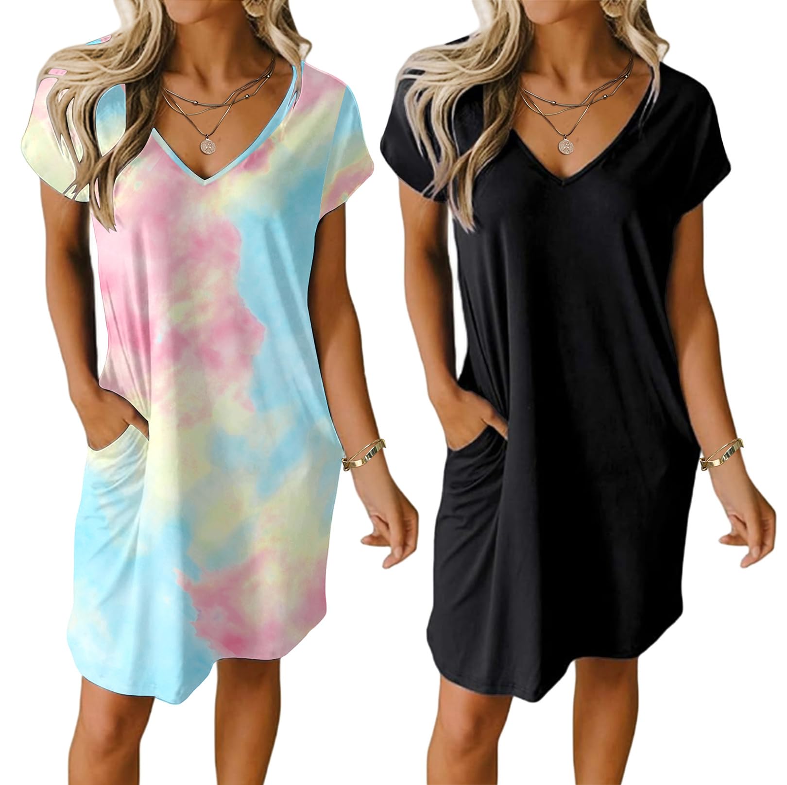 Ekouaer Womens 2 Pack Nightgown V Neck Sleepshirt Short Sleeve Nightshirt Plain/Floral Pajama Dress with Pockets