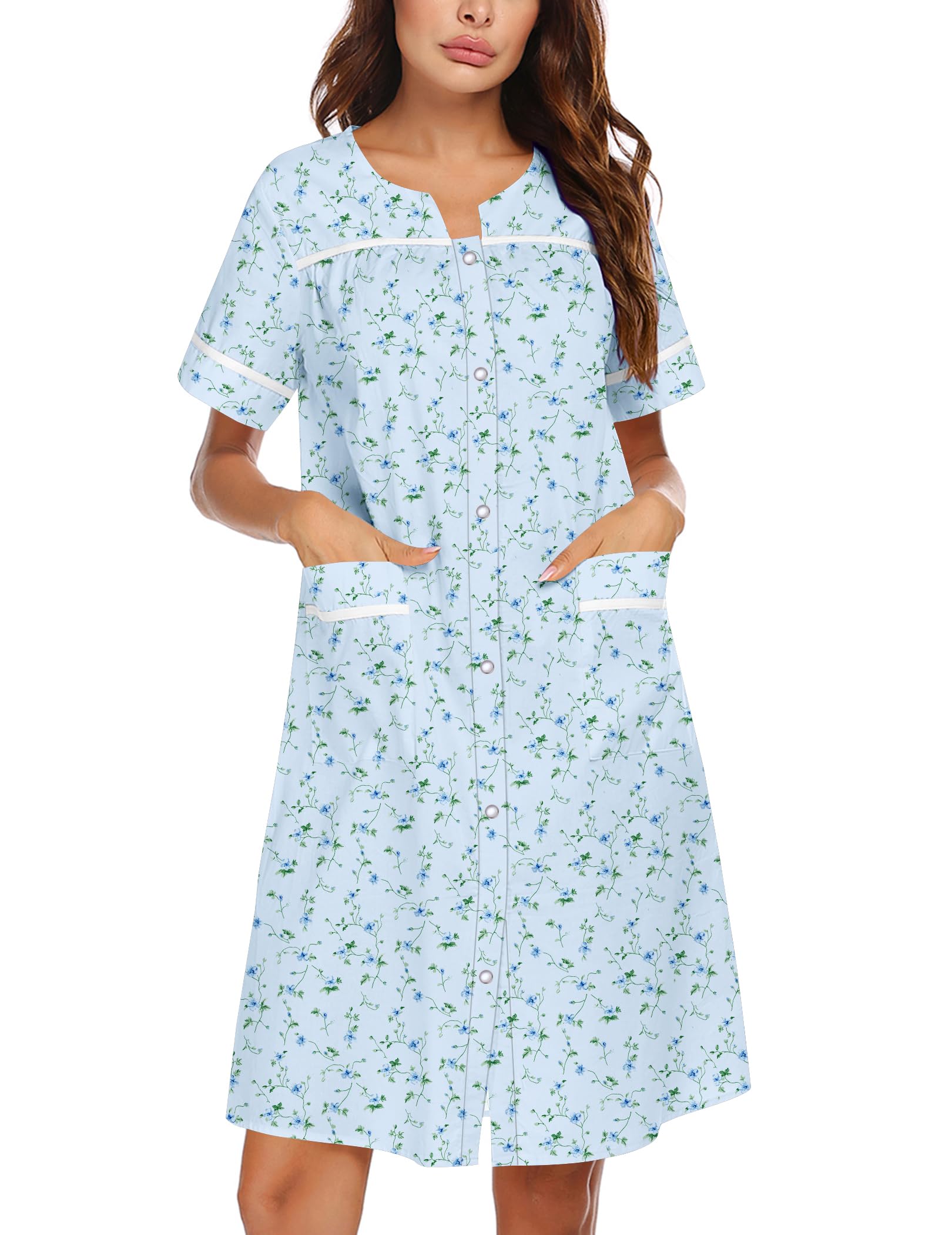 Ekouaer Nightgowns for Women House Dress with Pockets Snap Front House Coat | Duster Mumu Dress, Short Sleeve Moo Moos, Plus Size Sleepwear, Casual Lounge Dress, Labor Delivery Gown, Daily Wear, Home