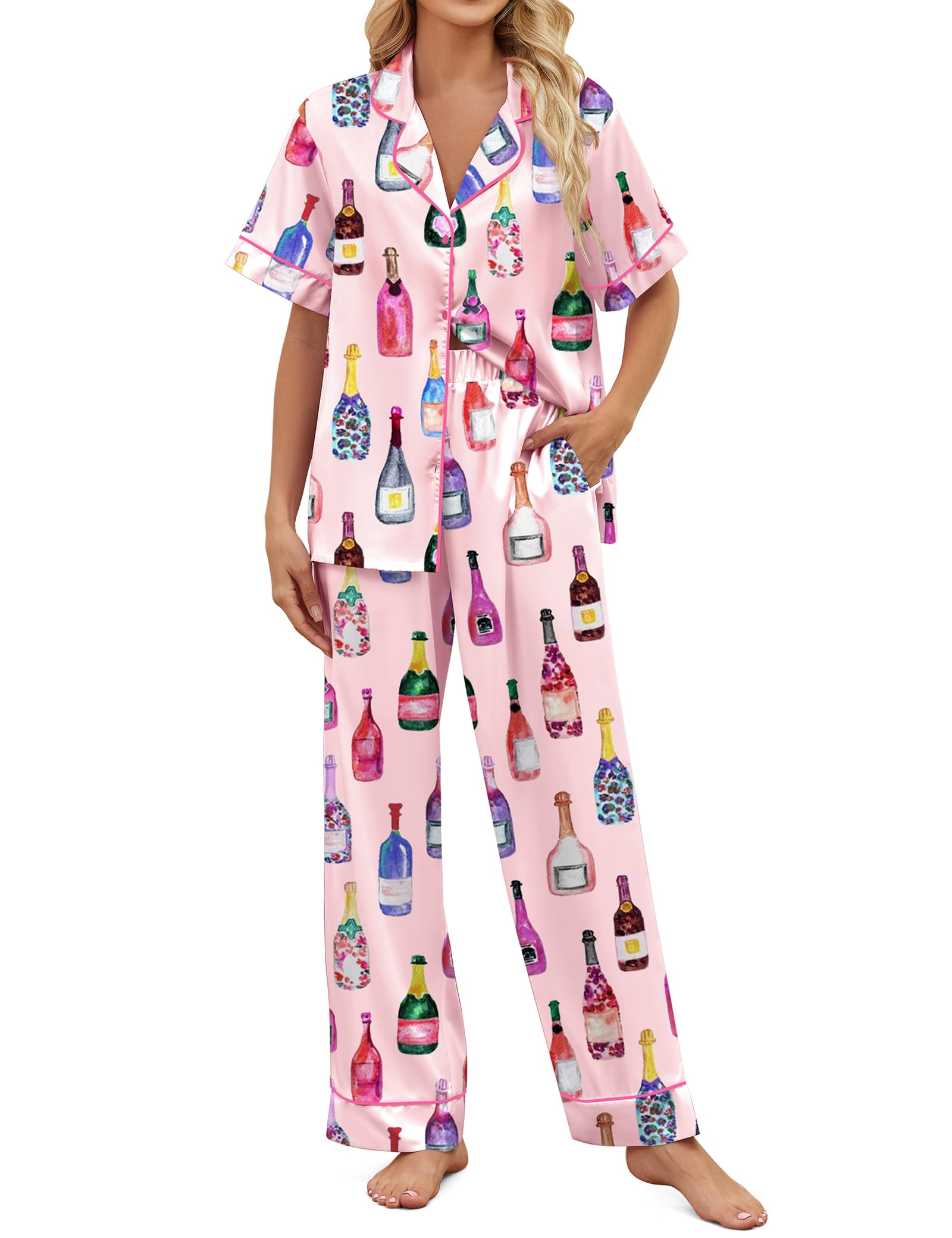 SHESHOW Satin Pajamas for Women Set Button Down Sleepwear Print Pjs Set 2 Piece Short Sleeve Long Loungewear Size XS-XXL WEBE CLOTHING