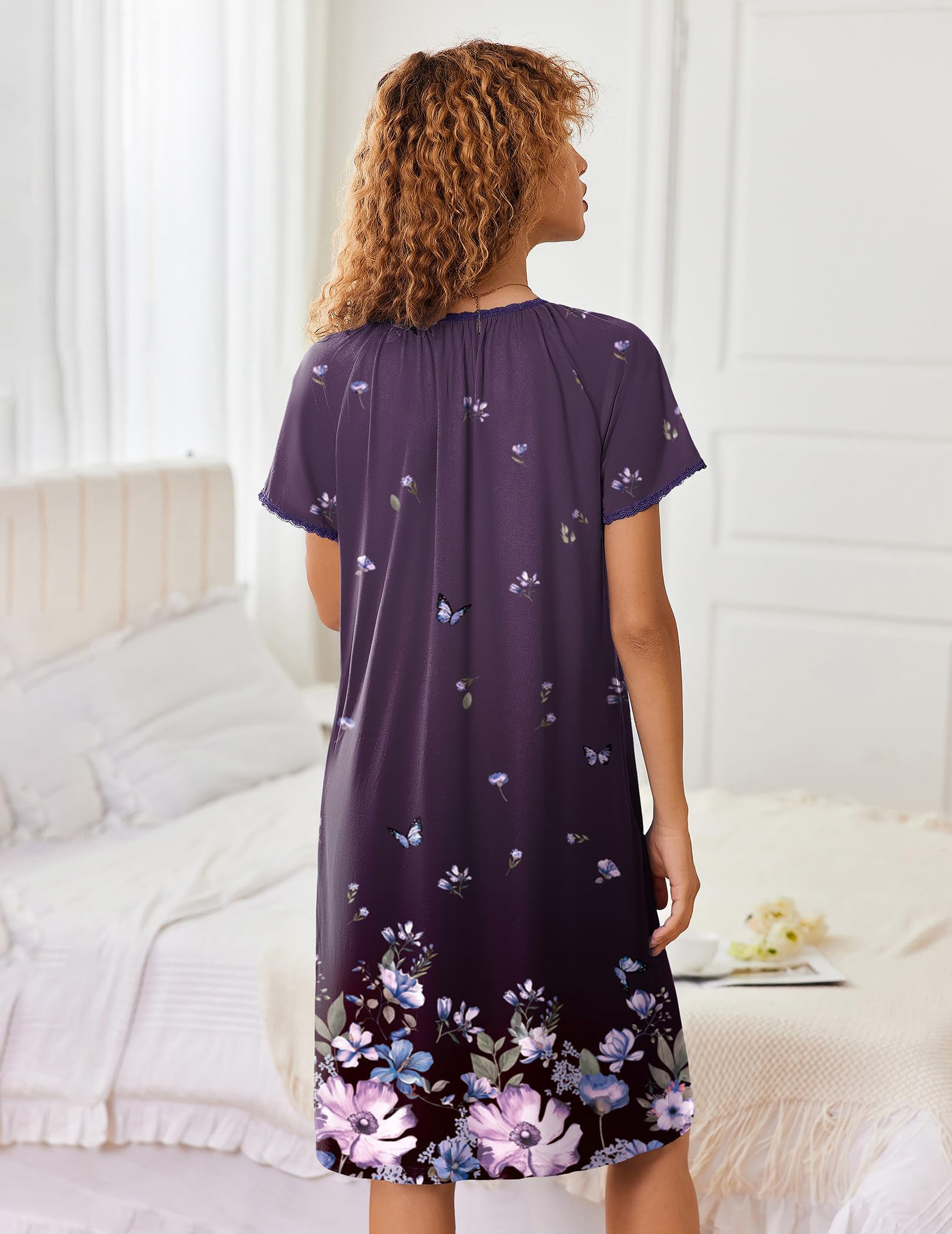 Ekouaer Zipper Robes for Women Short Sleeves Knit Bathrobes Knee Length Soft Lace Trim Loungewear with Pockets S-3XL WEBE CLOTHING
