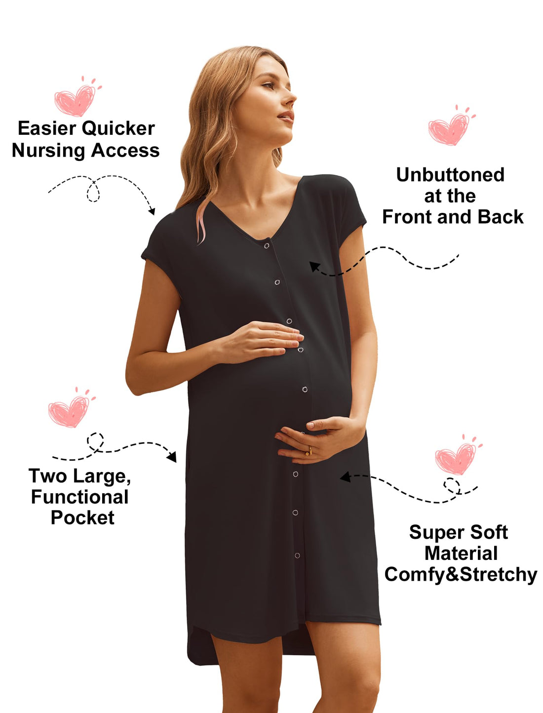 Ekouaer Labor and Delivery Gown for Hospital Birthing Gown Nursing Dress | Open Back Birthing Gown, Maternity Nursing Pajamas Dress Breastfeeding, Button C Section Postpartum Clothes