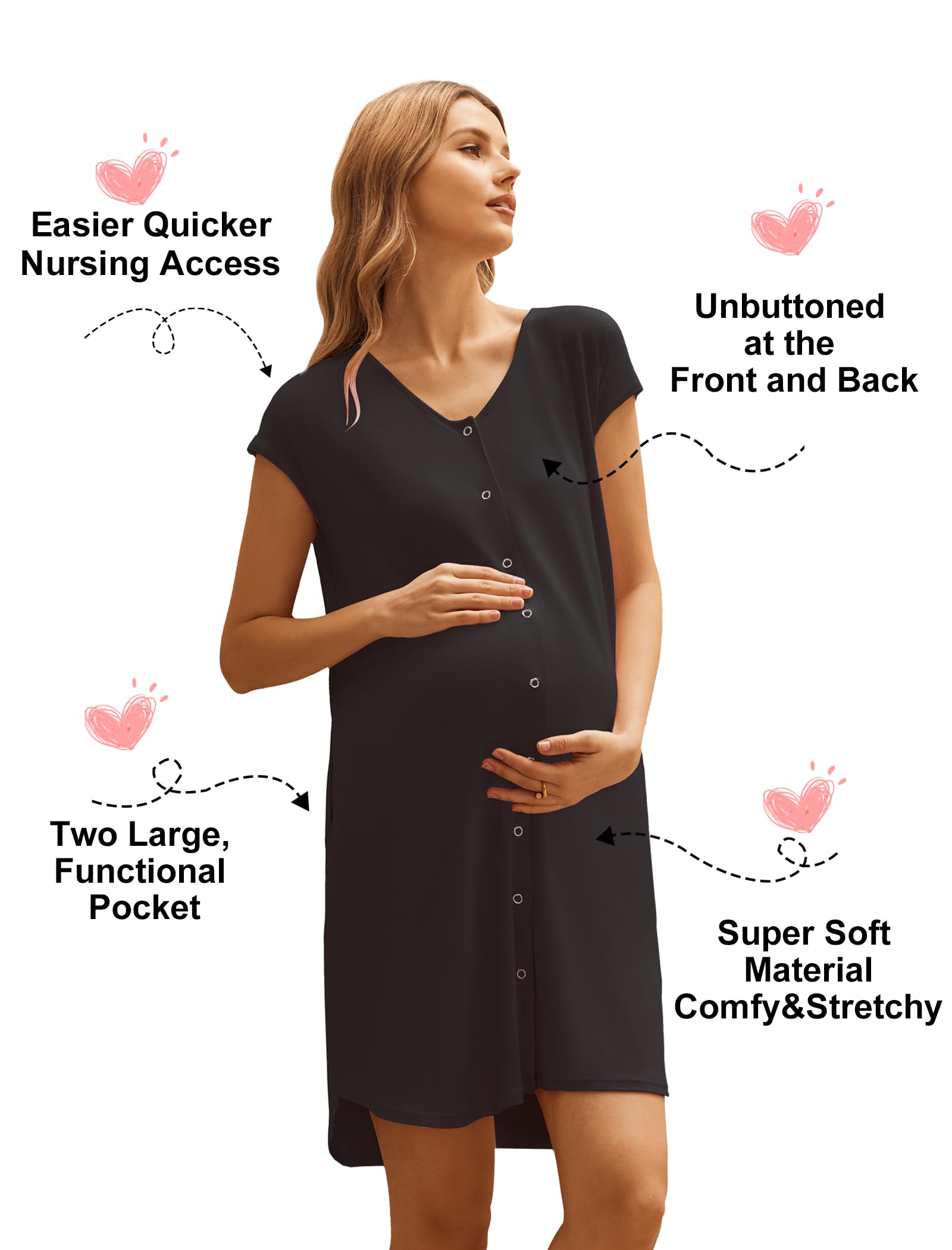 Ekouaer Labor and Delivery Gown for Hospital Birthing Gown Nursing Dress | Open Back Birthing Gown, Maternity Nursing Pajamas Dress Breastfeeding, Button C Section Postpartum Clothes