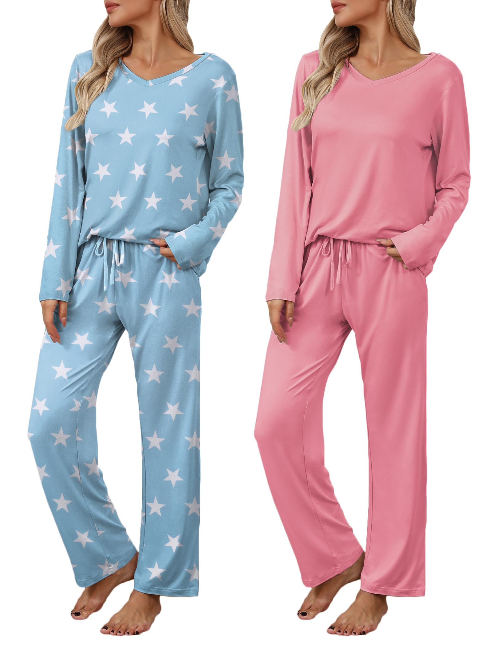 Ekouaer Womens 2 Pack Pajama Set Long Sleeve Pajamas Top and Pants V Neck Pjs Set Soft Loungewear with Pockets