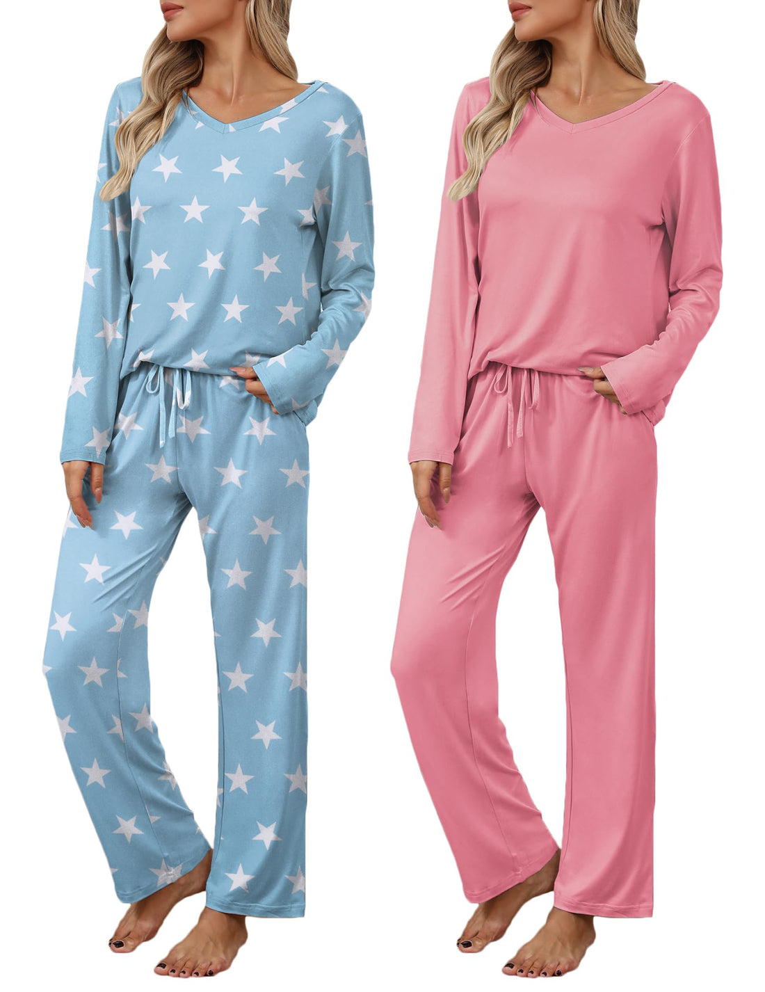 Ekouaer Womens 2 Pack Pajama Set Long Sleeve Pajamas Top and Pants V Neck Pjs Set Soft Loungewear with Pockets