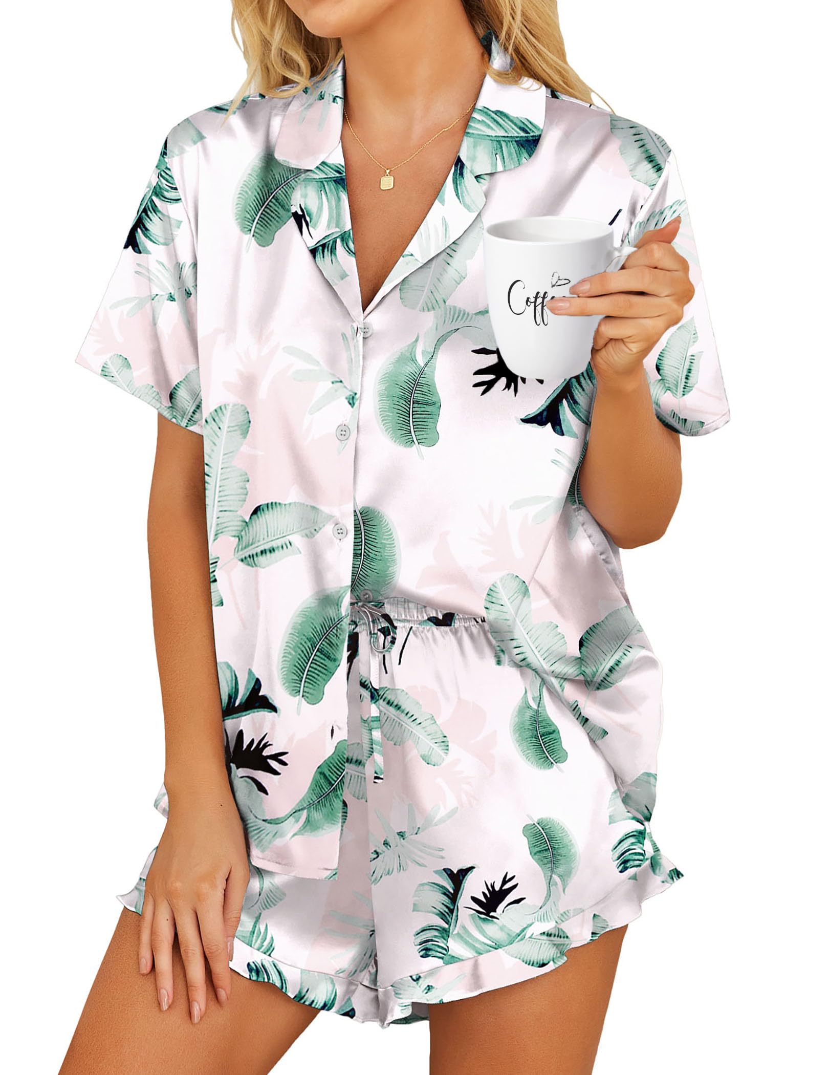 HOTOUCH Womens Satin Pajamas Set Button Down 2 Piece Silk Pjs Shorts Set Ruffle Lingerie Notch Collar Sleepwear