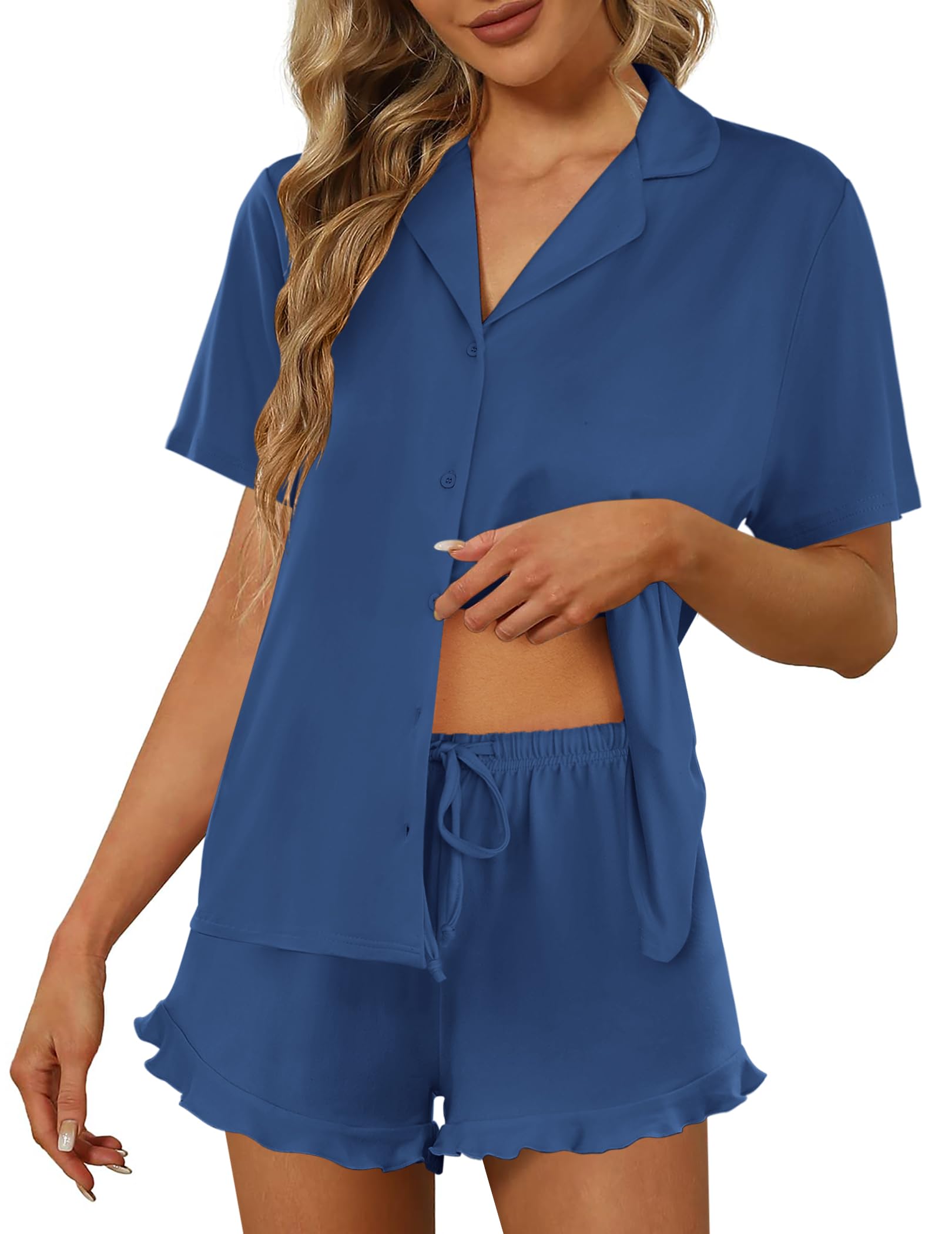 Ekouaer Pajamas Set for Women Short Sleeve Sleepwear Button Down Pjs Lounge Sets Soft Nightwear