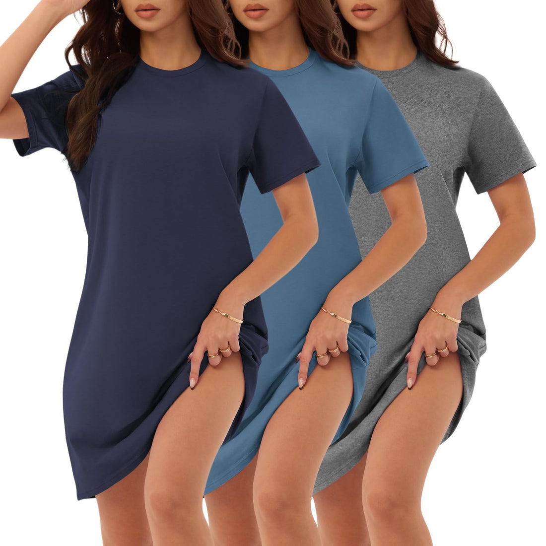 3 Pack Cotton Nightgowns for Women Short Sleeve Sleep Shirts Comfy Soft Nightshirt Pajama Sleep Dress