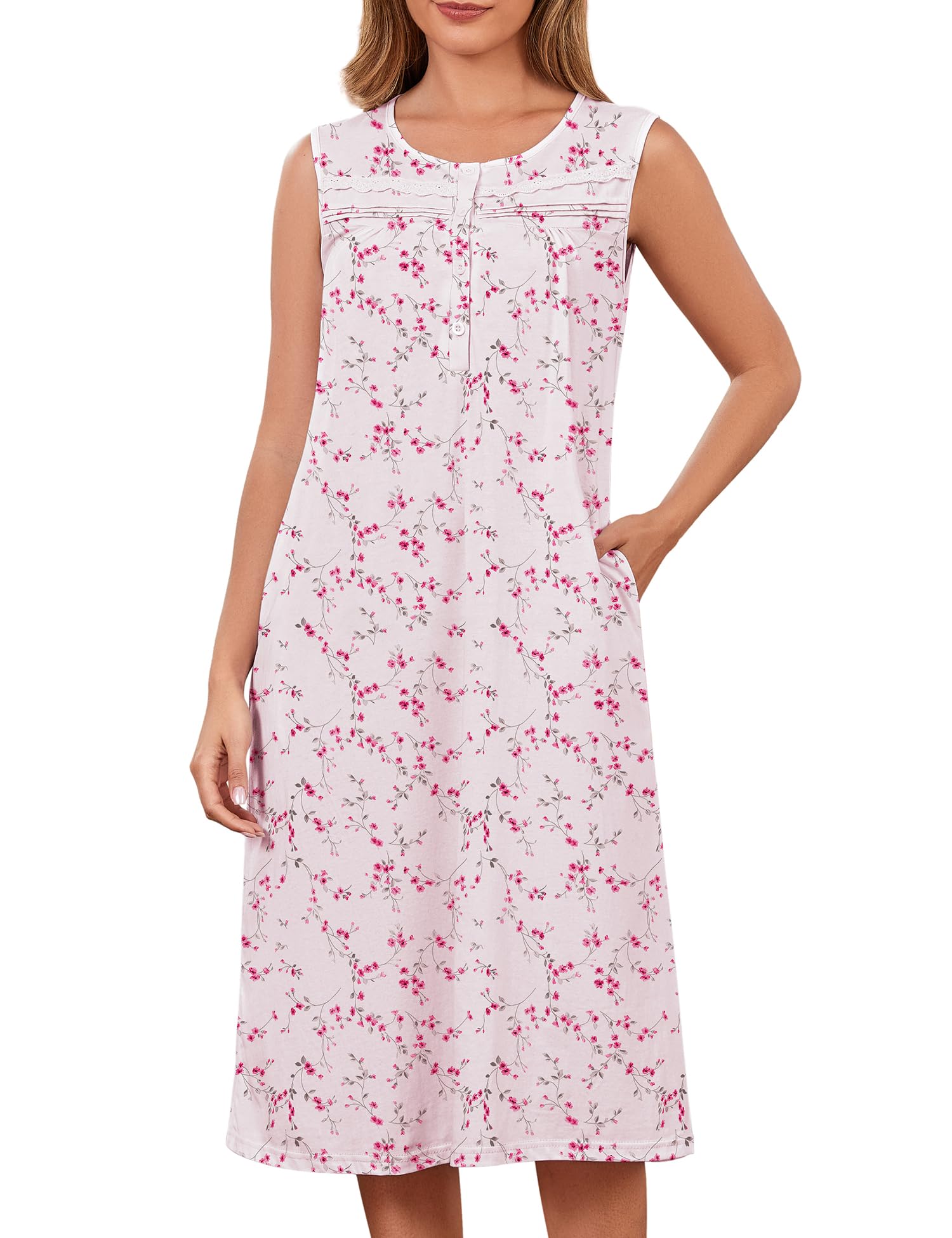 Bloggerlove Nightgowns for Women 100% Cotton Soft House Dress | 100 Full Cotton, Button Neck, Knee Length, Lace Trim Floral, Breathable, Skin-frieend, Loose Fit, Comfy Sleepwear WEBE CLOTHING