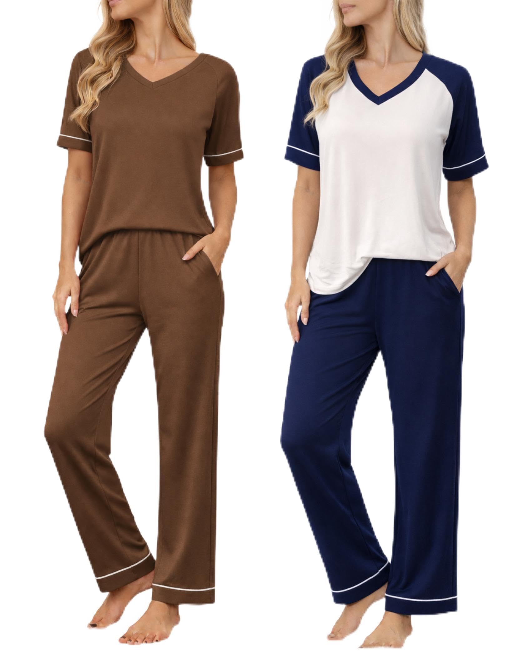 Ekouaer Womens Pajama Set Short Sleeve Pajamas Top and Pants V Neck Pjs Set Soft Loungewear with Pockets