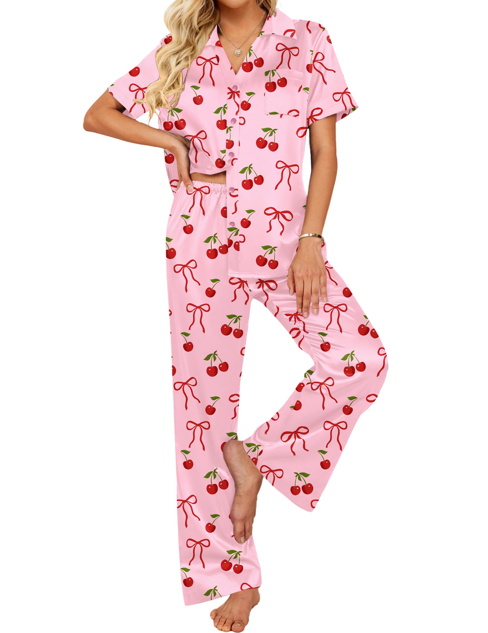 Ekouaer Silk Pajamas for Womens Set 2 Piece Satin Pjs Soft Button Down Sleepwear Wide Leg Long Pants with Pockets