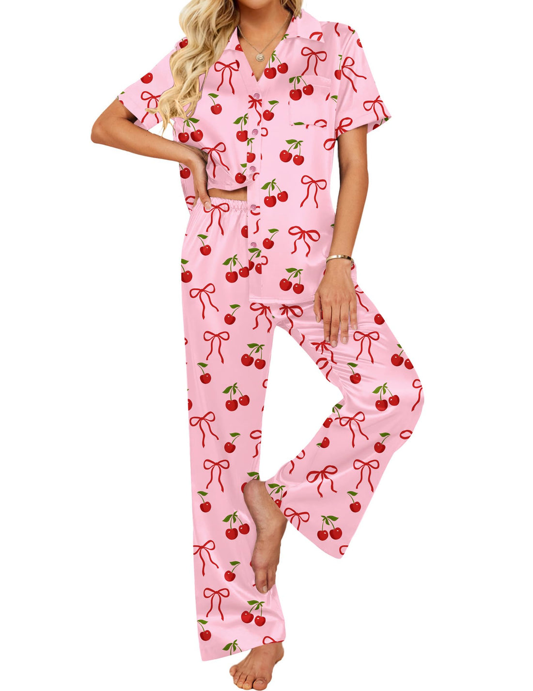 Ekouaer Silk Pajamas for Womens Set 2 Piece Satin Pjs Soft Button Down Sleepwear Wide Leg Long Pants with Pockets