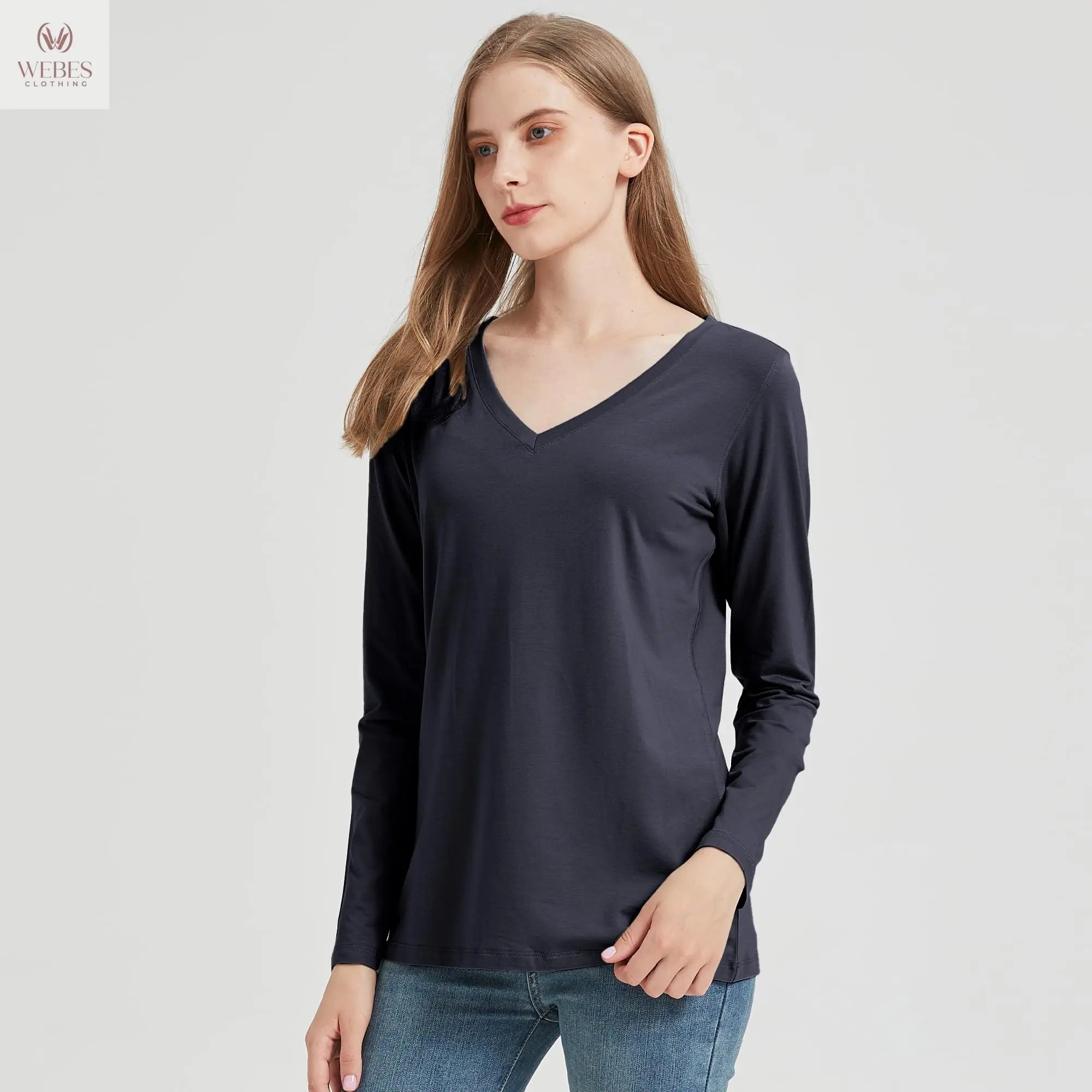 netdraw Women's Bamboo Viscose Long Sleeve V-Neck T-Shirt Soft Comfy Trendy Casual Sleep Pajama Lounge Tops