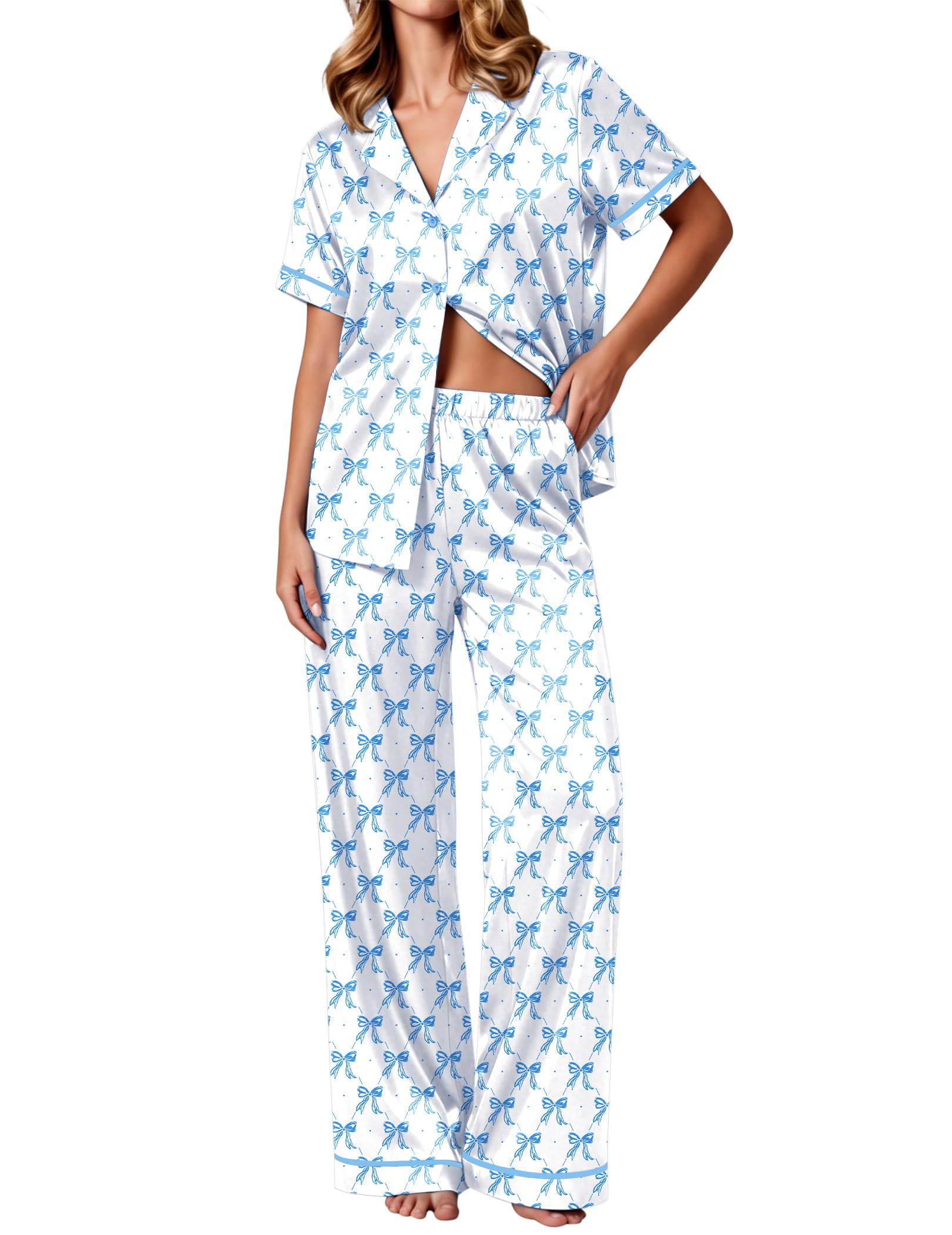 Ekouaer Women's Silk Pajamas Set Short Sleeve Satin Pjs 2 Piece Soft Loungewear with Pants Button Down Sleepwear