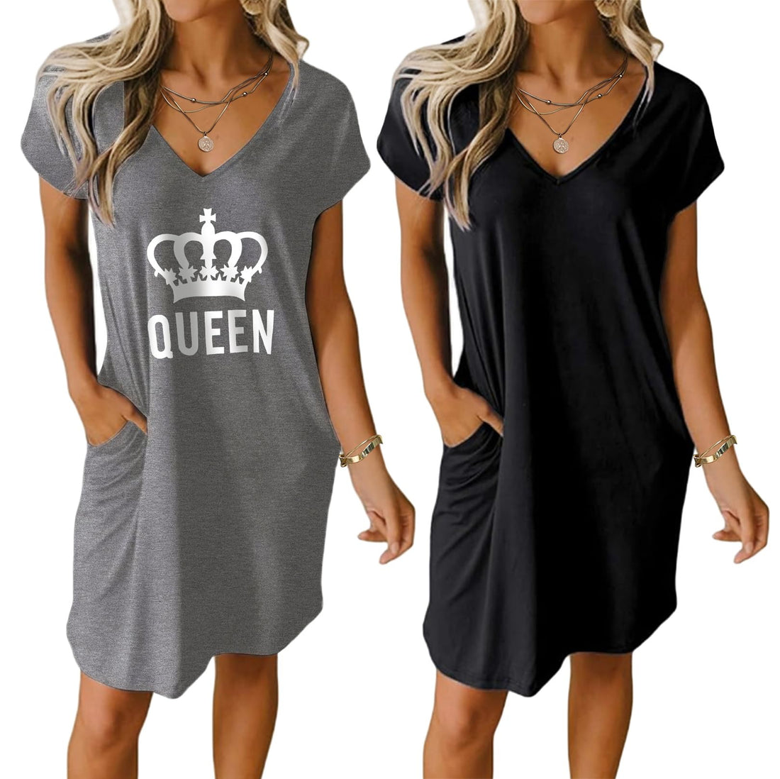Ekouaer Womens 2 Pack Nightgown V Neck Sleepshirt Short Sleeve Nightshirt Plain/Floral Pajama Dress with Pockets