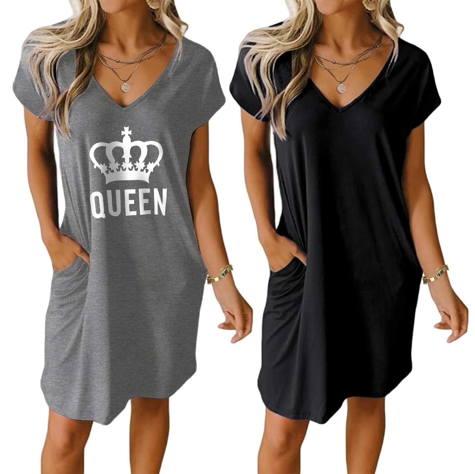 Ekouaer Womens 2 Pack Nightgown V Neck Sleepshirt Short Sleeve Nightshirt Plain/Floral Pajama Dress with Pockets