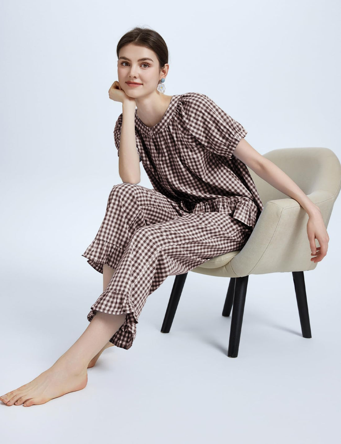 Flygo Womens Plaid 2 Piece Pajamas Sets Gingham Button Down Puff Sleeve Babydoll Shirt Ruffle Pants Y2K Pjs Lounge Set WEBE CLOTHING