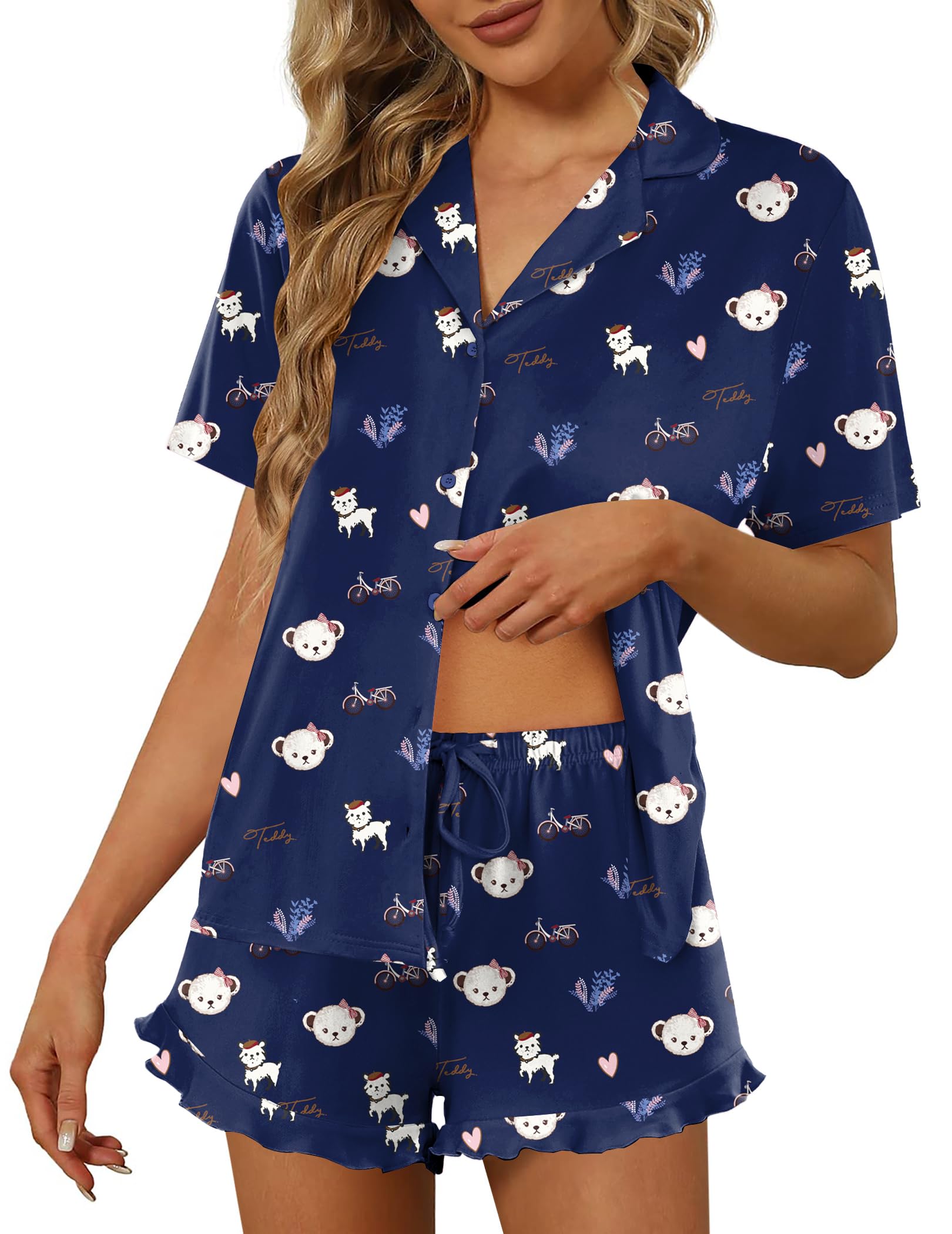 Ekouaer Pajamas Set for Women Short Sleeve Sleepwear Button Down Pjs Lounge Sets Soft Nightwear