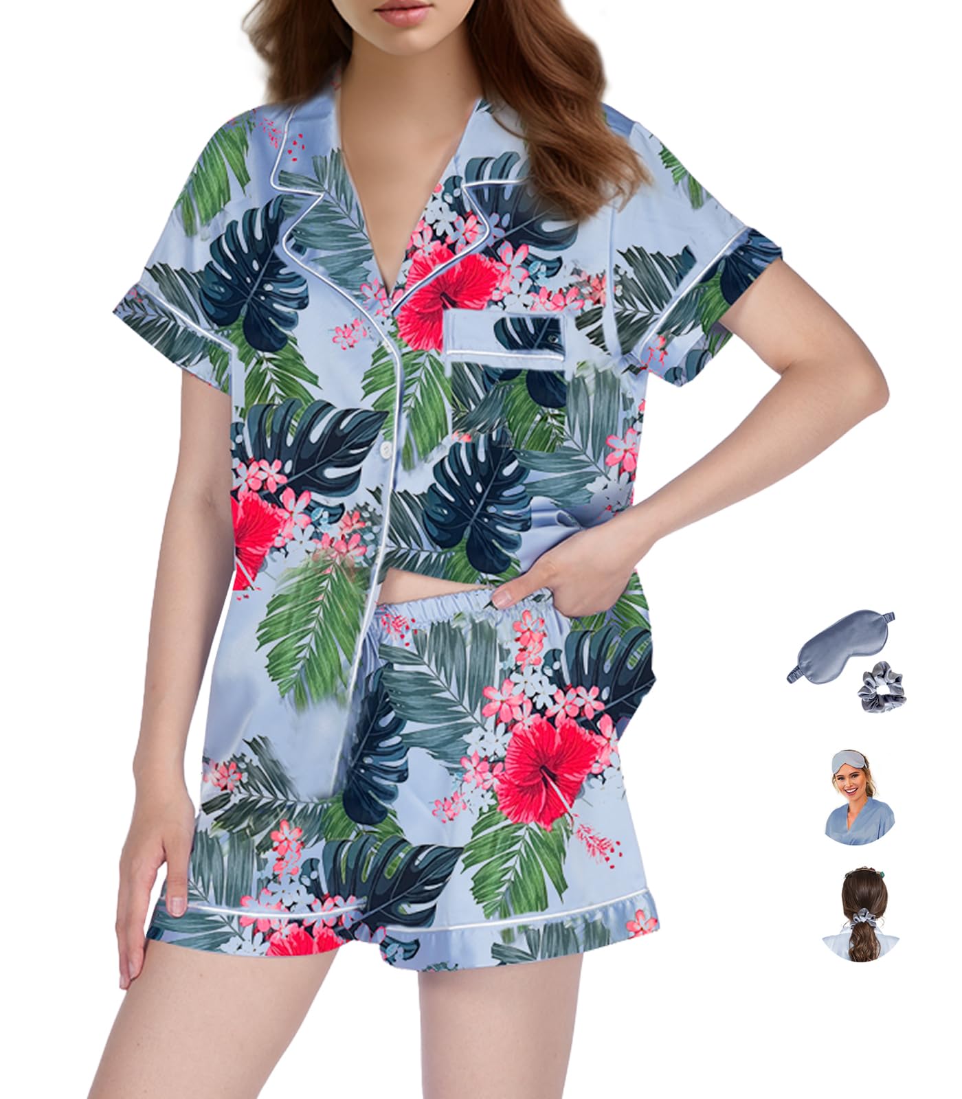 WJing Yi Jia Womens Pajama Sets XS-4XL Silk Satin Pajamas Set Floral 2Pcs Pj Sets Button Down Pjs Set Sleepwear Loungewear