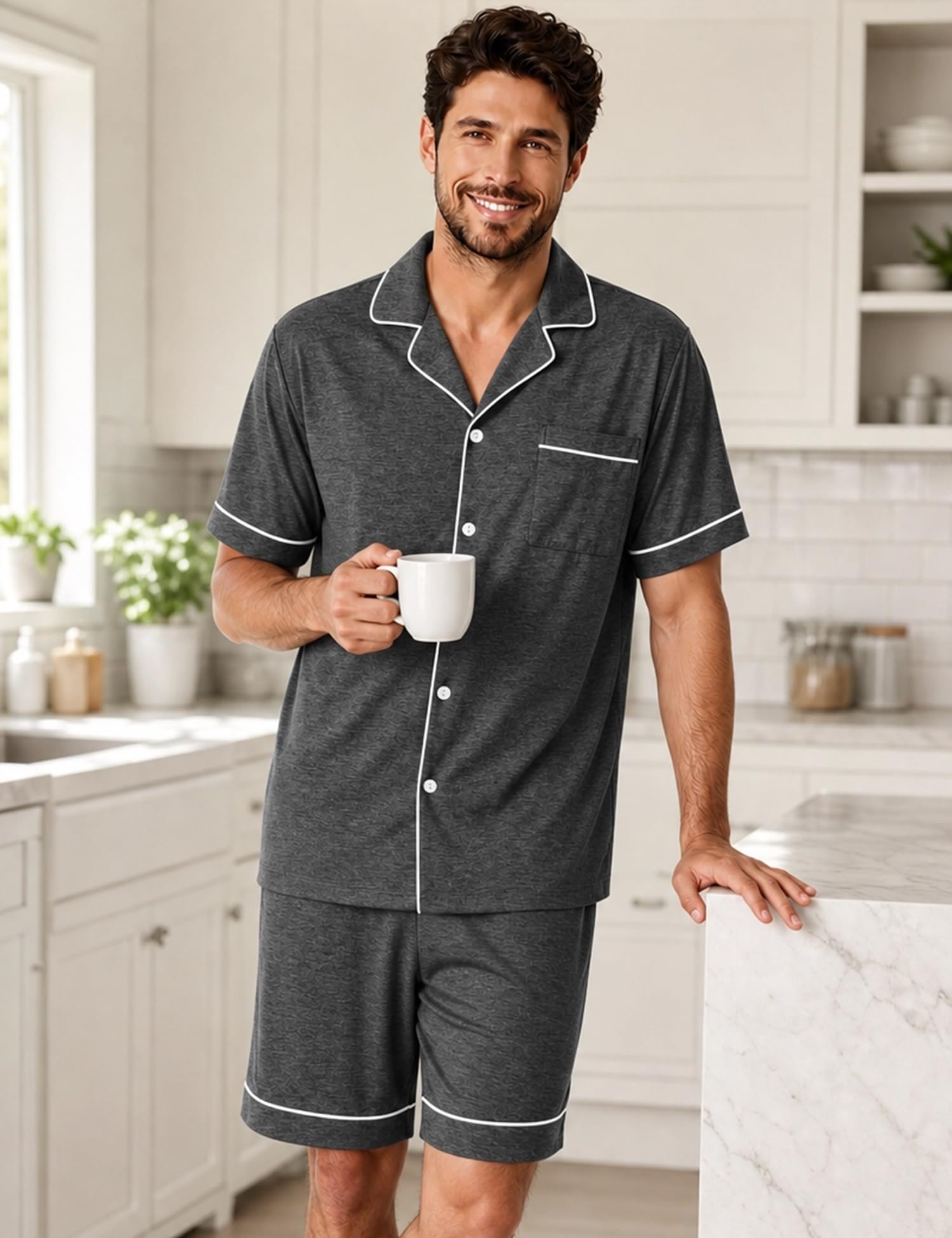 SWOMOG 100% Cotton Mens Pajama Set Short Sleeve Sleepwear Button Down Loungewear 2 PCS Cotton Pjs Set with Pockets WEBE CLOTHING