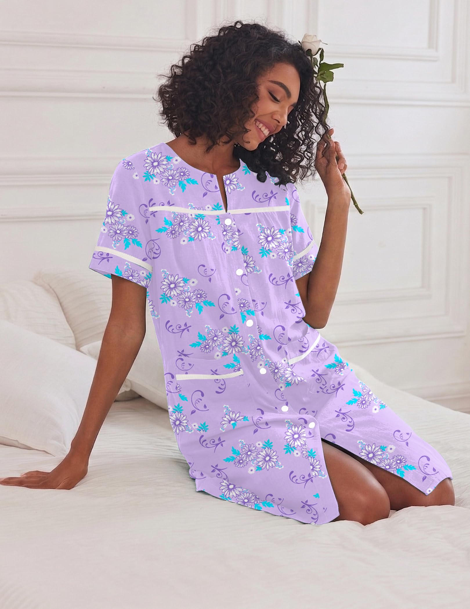 Ekouaer House Dress for Women with Pockets Duster Button Down Nightgown | Nightgowns for Women, Button Dwon House Dress with Pockets, Short Sleeve Duster Housecoat, Moo Moos for Elderly, Mumu Dress WEBE CLOTHING