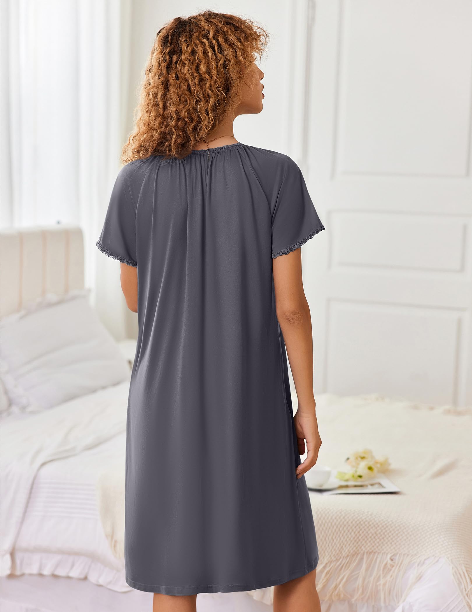 Ekouaer Zipper Robes for Women Short Sleeves Knit Bathrobes Knee Length Soft Lace Trim Loungewear with Pockets S-3XL WEBE CLOTHING