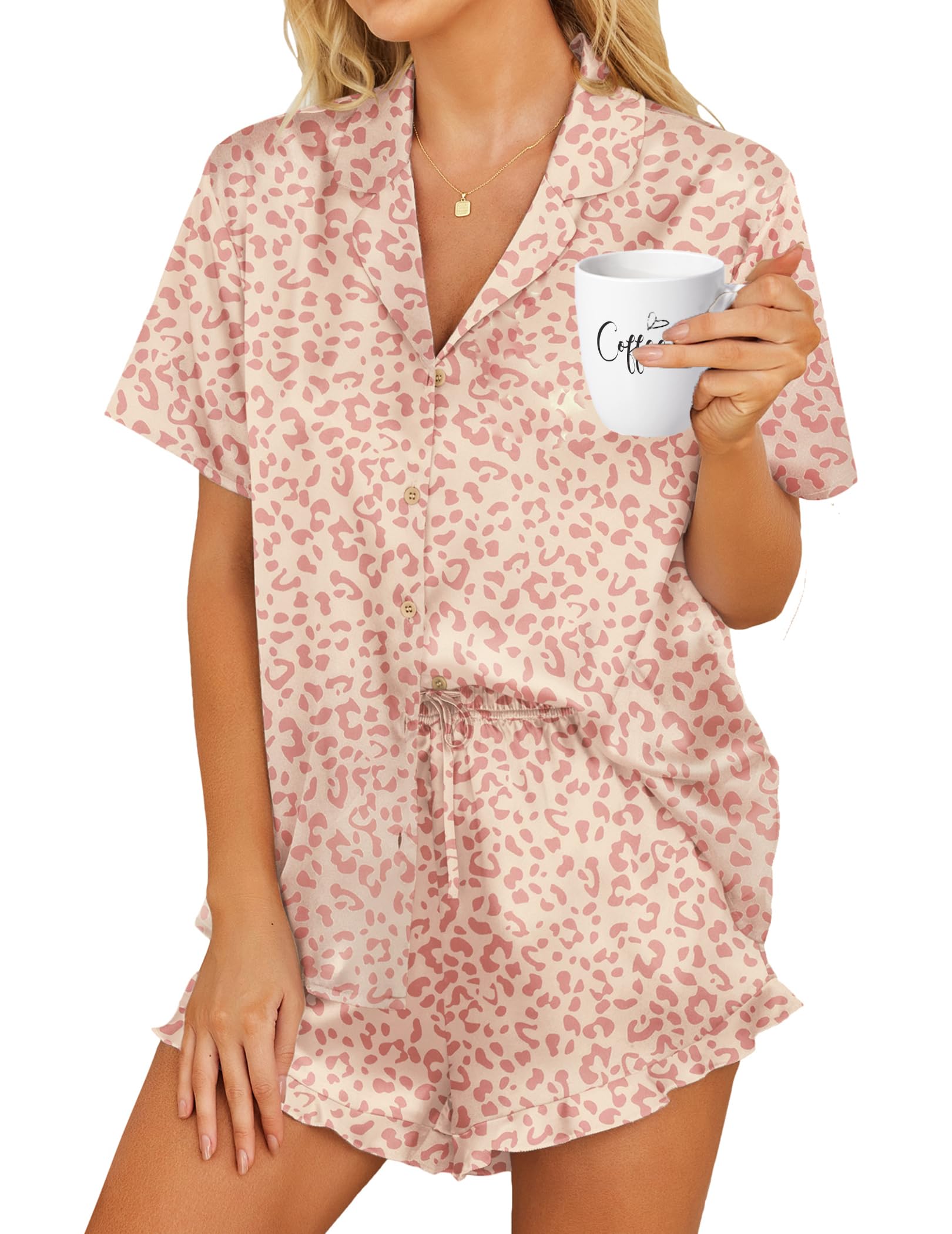 HOTOUCH Womens Satin Pajamas Set Button Down 2 Piece Silk Pjs Shorts Set Ruffle Lingerie Notch Collar Sleepwear