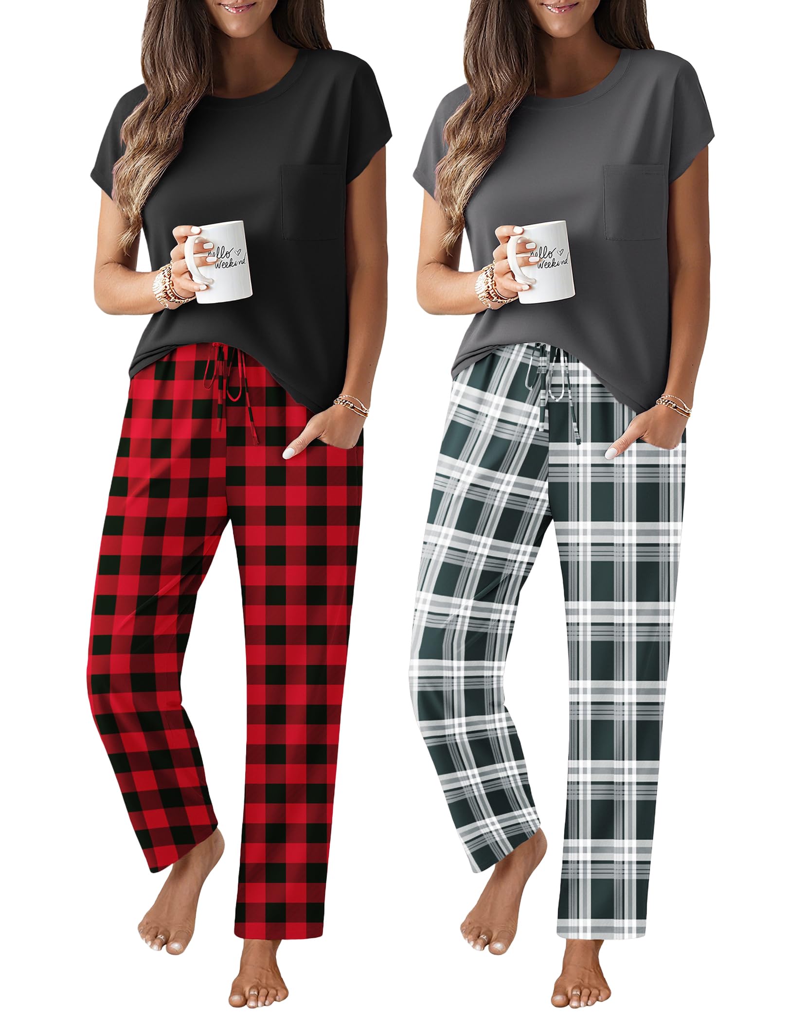 Ekouaer 2 Packs Pajamas for Women Set Cap Sleeve Top and Pants Soft Sleepwear Comfy Pjs Set with Pockets Loungewear