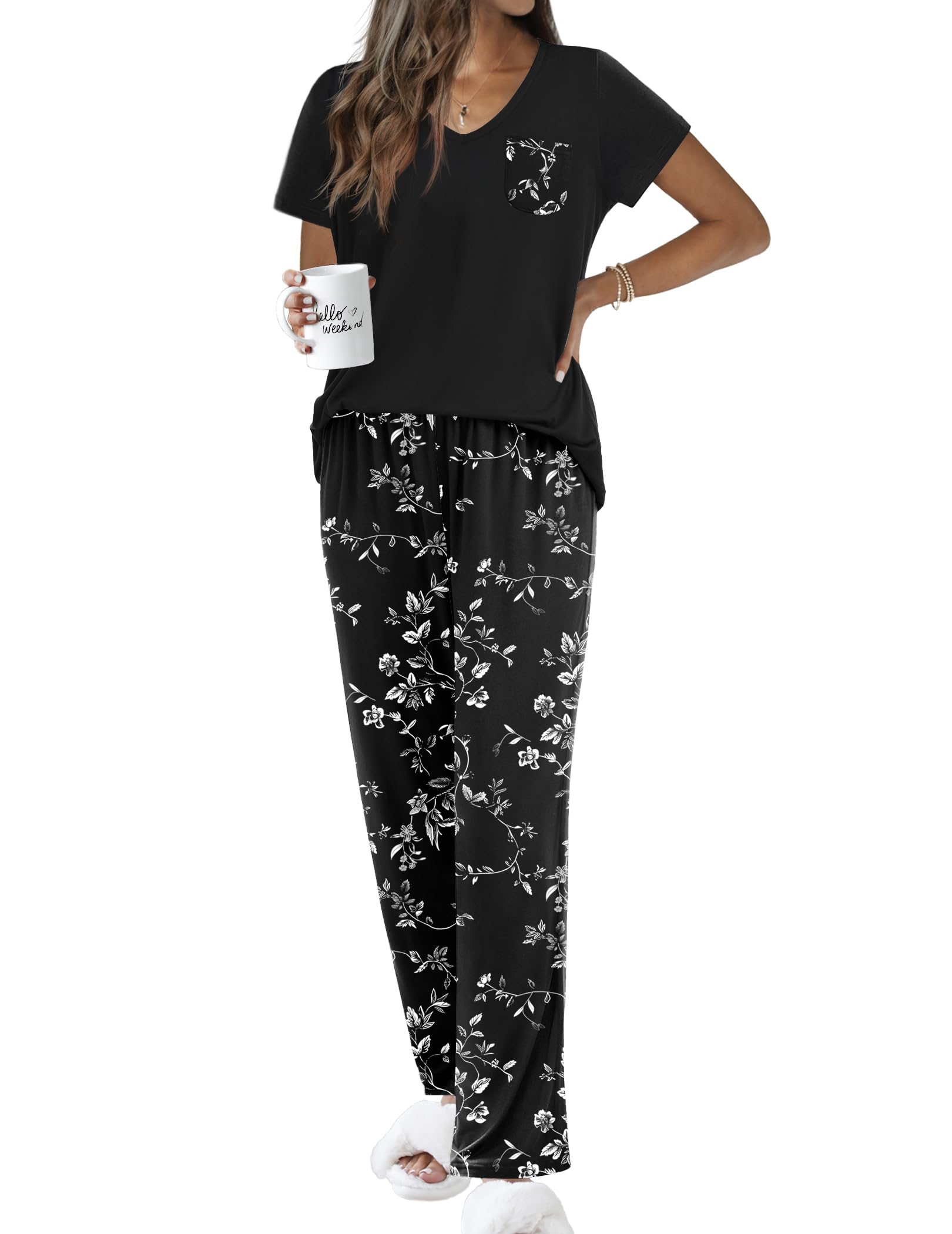 Ekouaer Pajama Sets for Women Short Sleeve Pj Set V Neck Sleepwear Chest Pocket with Long Pants Casual Loose Loungewear WEBE CLOTHING
