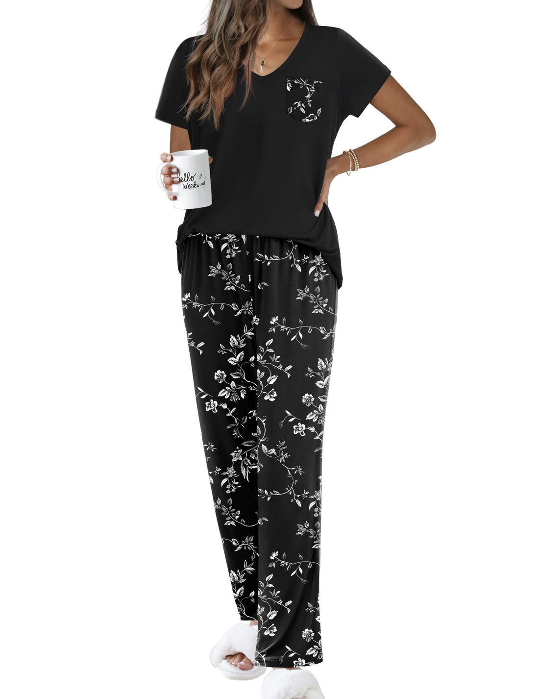 Ekouaer Pajama Sets for Women Short Sleeve Pj Set V Neck Sleepwear Chest Pocket with Long Pants Casual Loose Loungewear WEBE CLOTHING