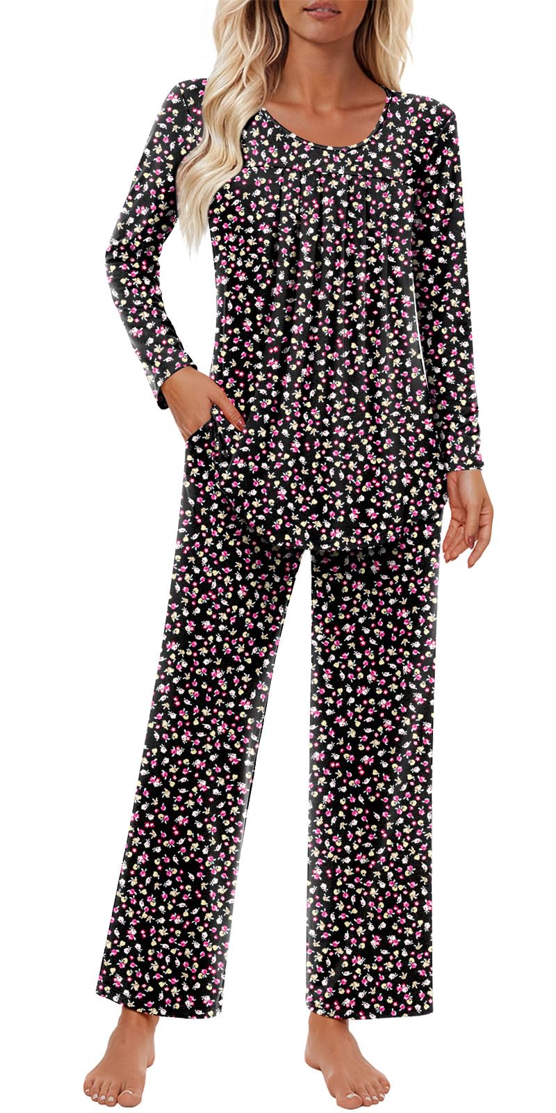 Findsweet Women's Pajama Set 2 Piece Lounge Outfits Soft Sleepwear Fall Long Sleeve Long Pant With Pockets Ladies Pjs S-3XL