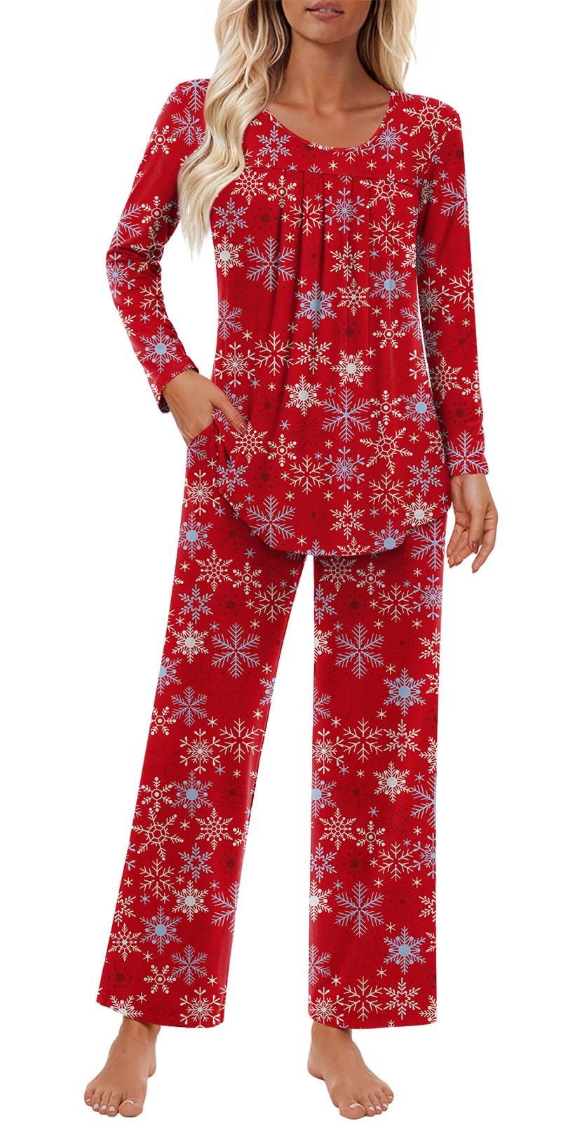 Findsweet Women's Pajama Set 2 Piece Lounge Outfits Soft Sleepwear Fall Long Sleeve Long Pant With Pockets Ladies Pjs S-3XL