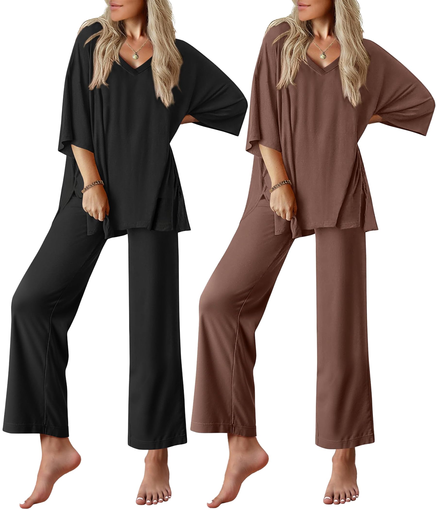 Ekouaer 2 Packs Lounge Sets for Women Short Sleeve Pajamas Set V Neck Top and Long Pants Comfy Pjs Outifts with Pockets