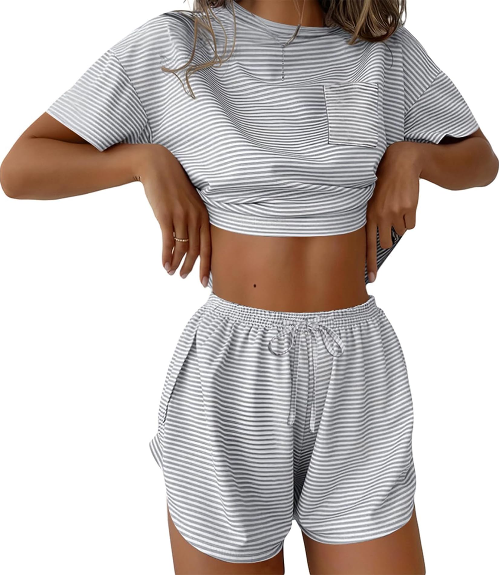 Women's 2 Piece Pajama Set Short Sleeve Sexy Side Split Short Lounge Set Cute Comfy Sleepwear Loungewear