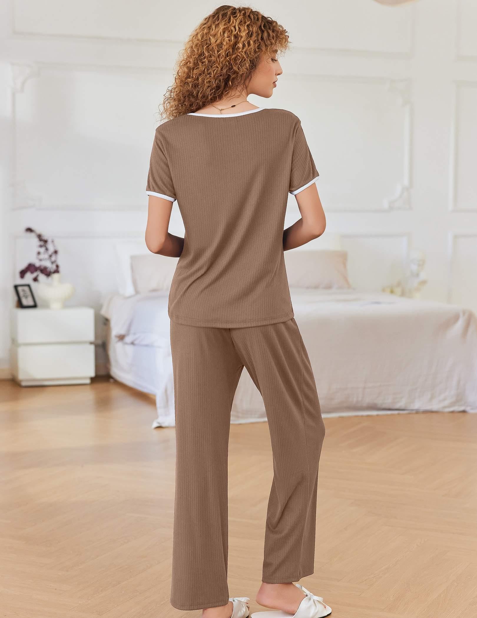 Ekouaer Women Lounge Pajamas Sets Ribbed Knit PJ Short Sleeve and Long Pajama Pant Soft 2 Piece Sleepwear Loungwear Set