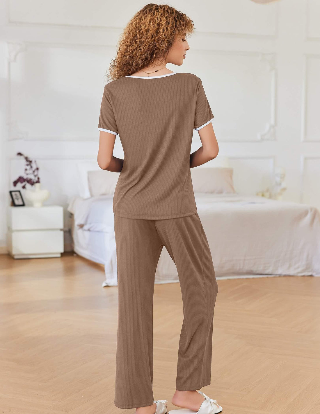 Ekouaer Women Lounge Pajamas Sets Ribbed Knit PJ Short Sleeve and Long Pajama Pant Soft 2 Piece Sleepwear Loungwear Set