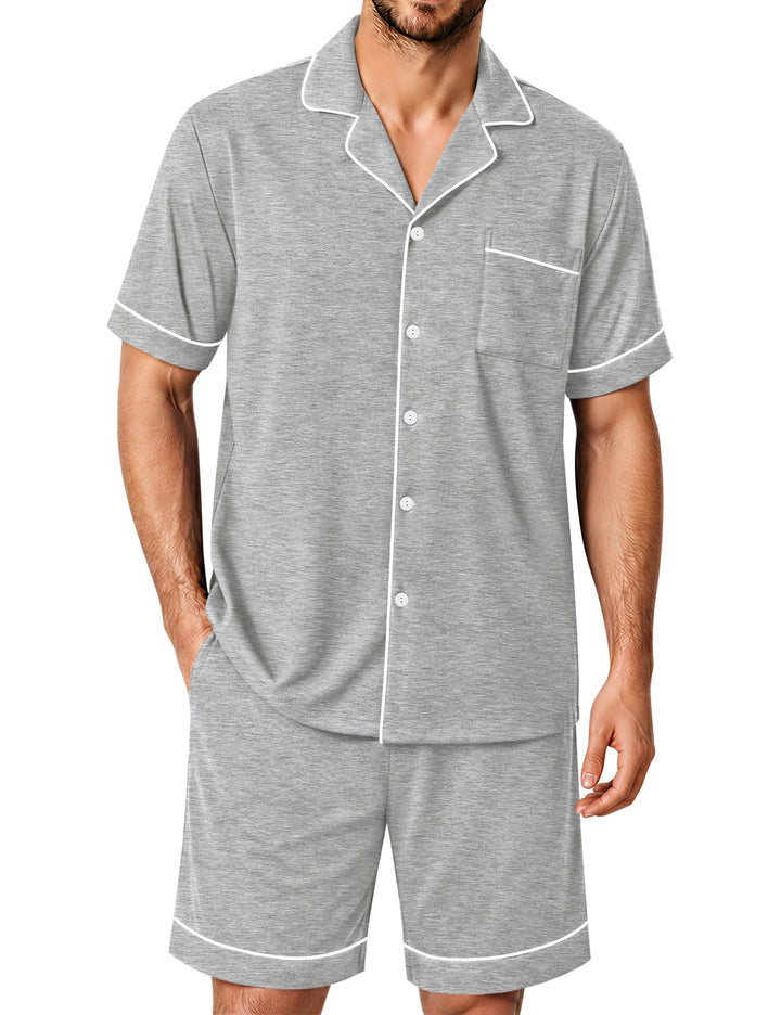 SWOMOG 100% Cotton Mens Pajama Set Short Sleeve Sleepwear Button Down Loungewear 2 PCS Cotton Pjs Set with Pockets WEBE CLOTHING