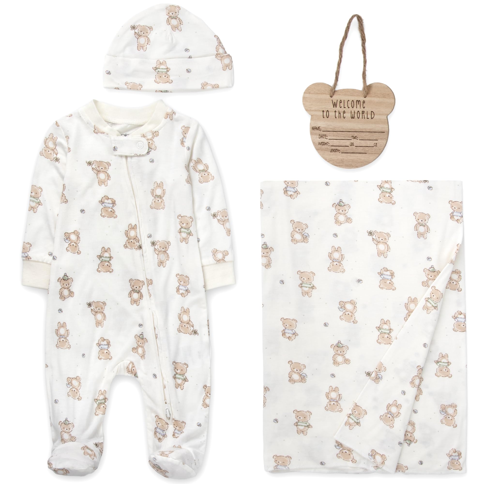 Newborn Baby 4 Piece Coming Home Outfit Gift Set – Footie Sleeper, Blanket, Headband & Ornament for Boys & Girls