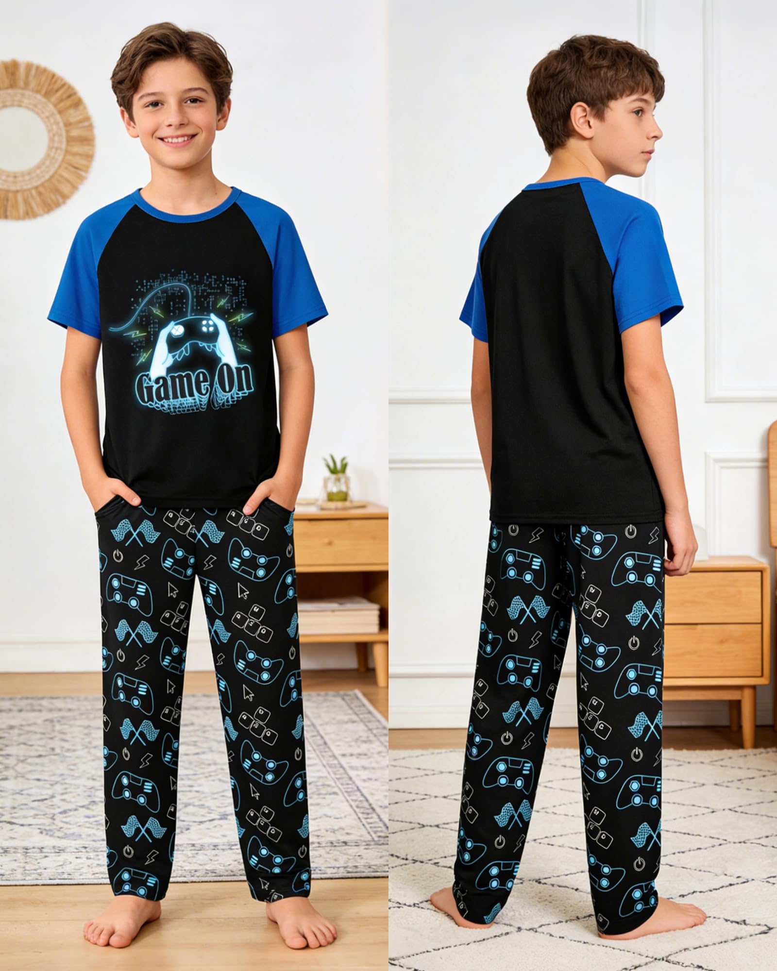 Fiodrimy Boys Pajamas Little Big Boys Short Sleeves and Pants Pajamas 2-Piece Pjs Set Kids Sleepwear Size 8-14