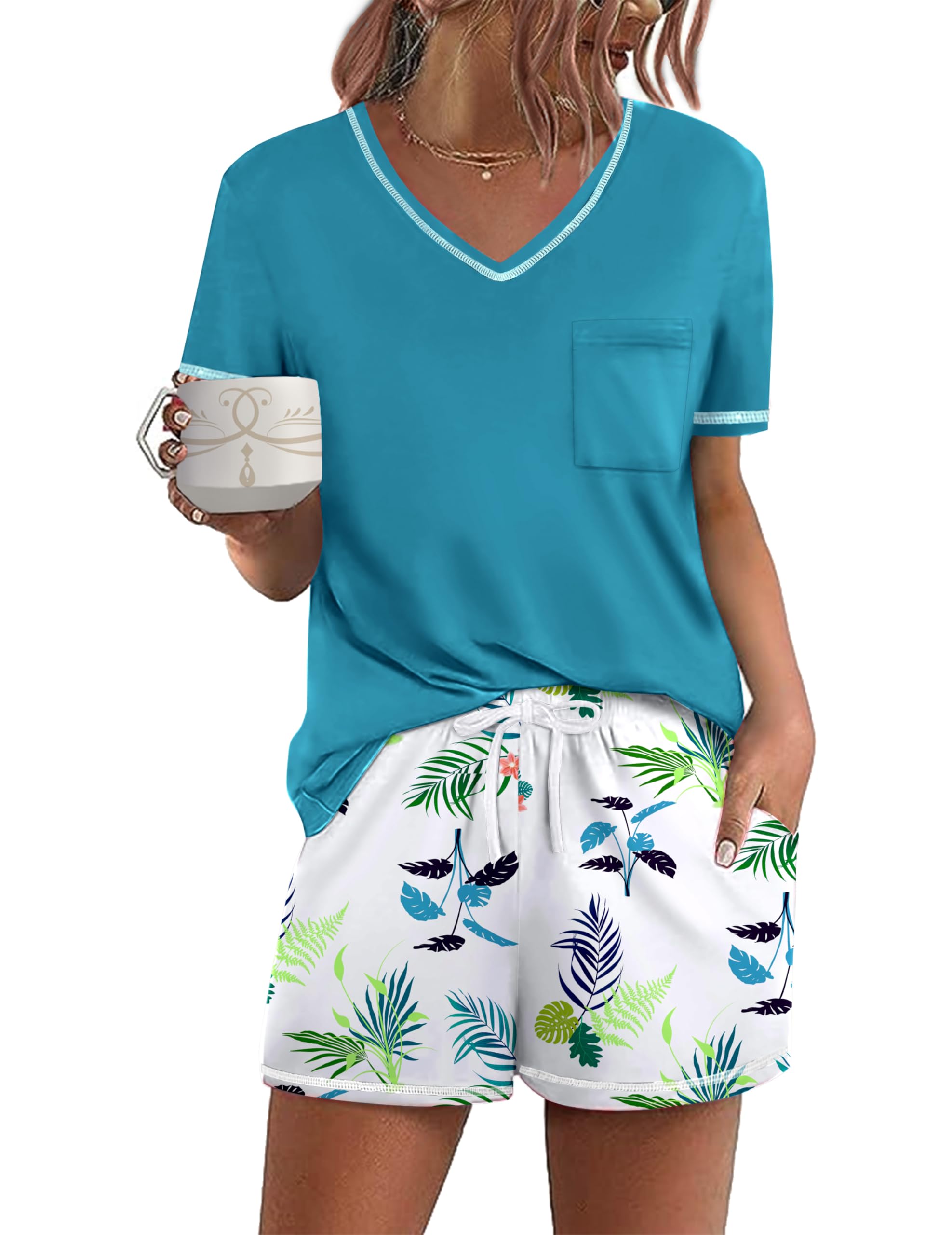 Ekouaer Women's Pajamas Sets Short Sleeve Pjs Two Piece Sleepwear Casual Lounge Sets With Pockets