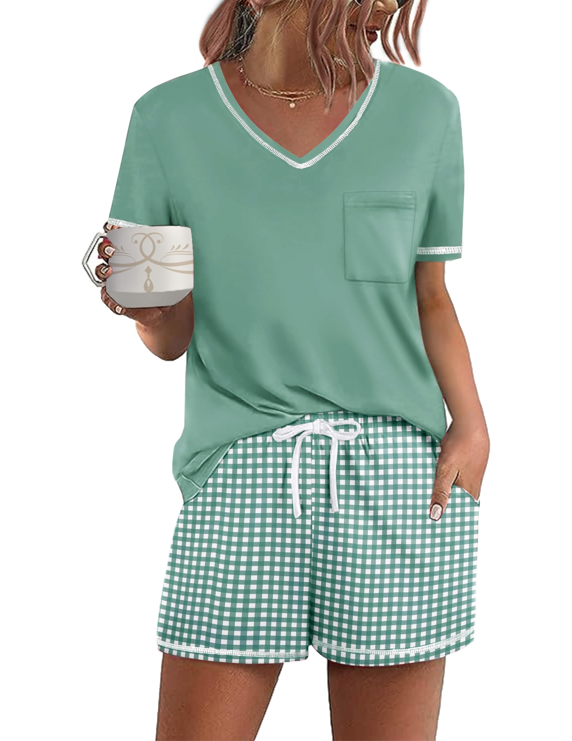 Ekouaer Women's Pajamas Sets Short Sleeve Pjs Two Piece Sleepwear Casual Lounge Sets With Pockets