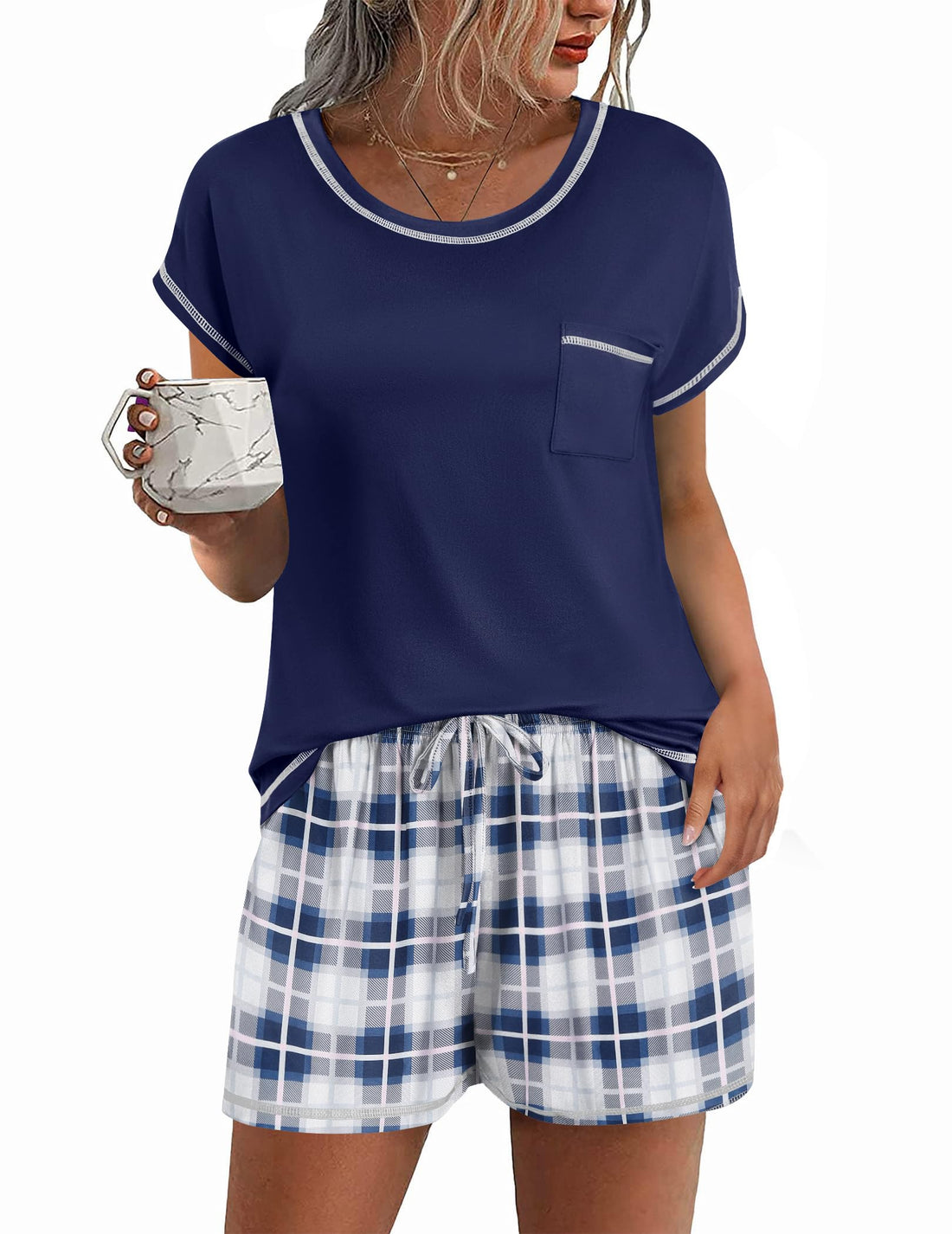 Ekouaer Womens Pajama Sets 2 Piece Soft Short Sleeve Top and Shorts Sleepwear Round Neck Pjs Lounge Set with Pockets